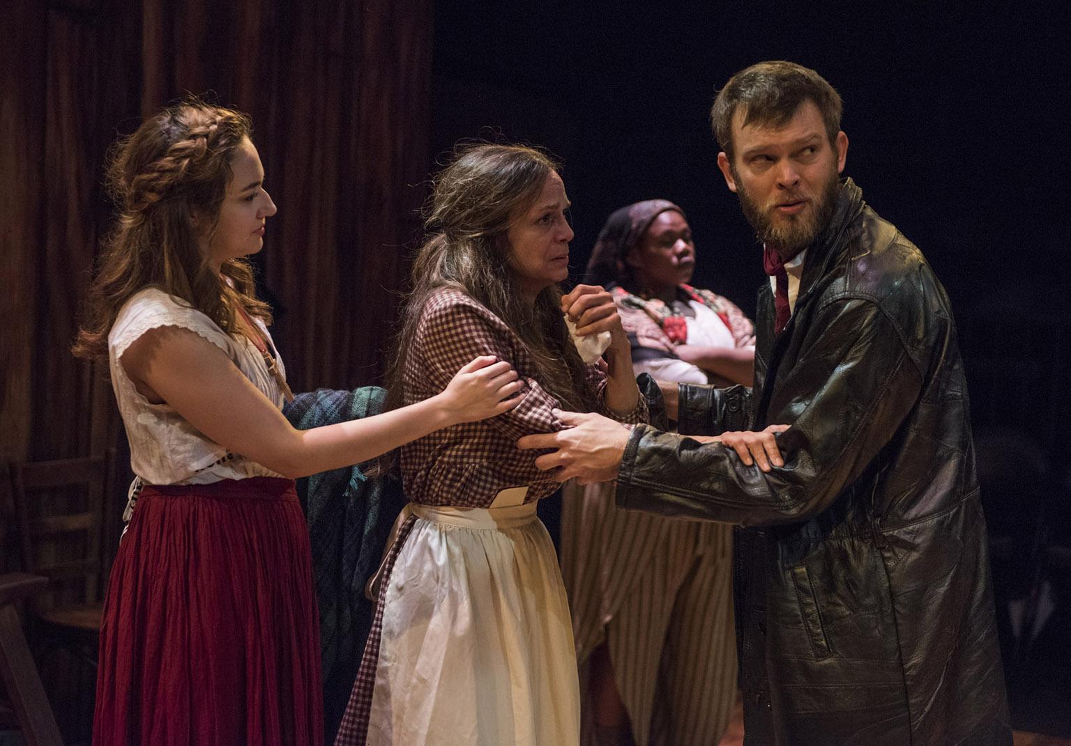 (From Left) Ilse Zacharias, Rebecca Jordan, Jazzma Pryor and Drew Schad in Shattered Globe Theatre’s new adaptation of of “Crime and Punishment.” (Photo by Michael Brosilow)