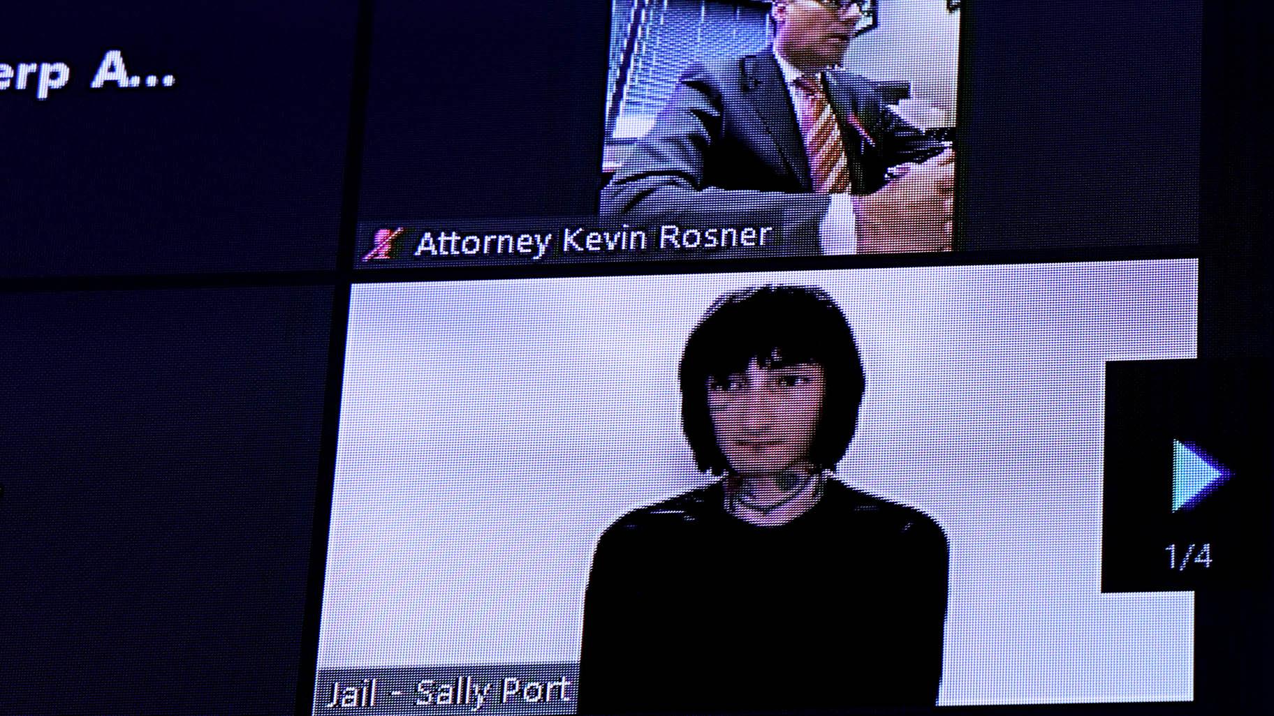 Robert E. Crimo III, 21, who is charged with seven counts first-degree murder, appears virtually for a bond hearing on July 6, 2022, at Lake County Circuit Court in Waukegan. (Antonio Perez / Chicago Tribune via Pool Photo)