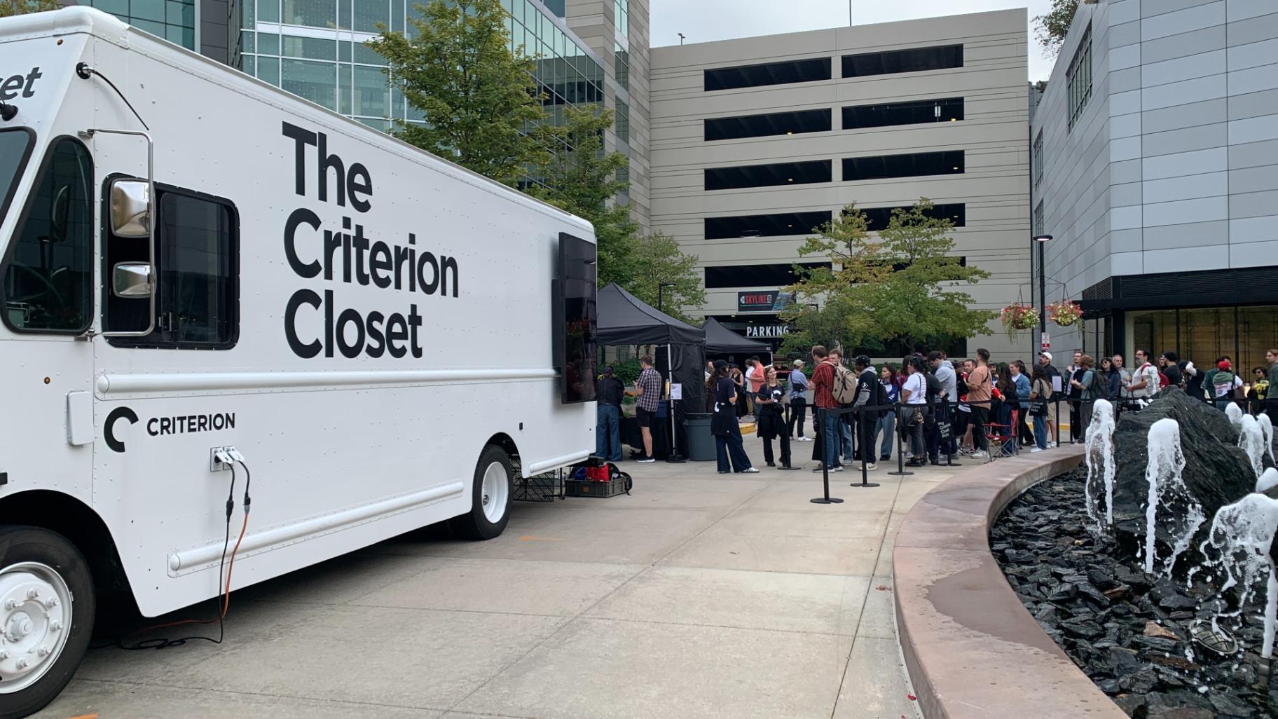 The Criterion Mobile Closet made a stop at NEWCITY Plaza on Oct. 17, 2025, in celebration of the 61st Chicago International Film Festival opening weekend. (Eunice Alpasan / WTTW News)