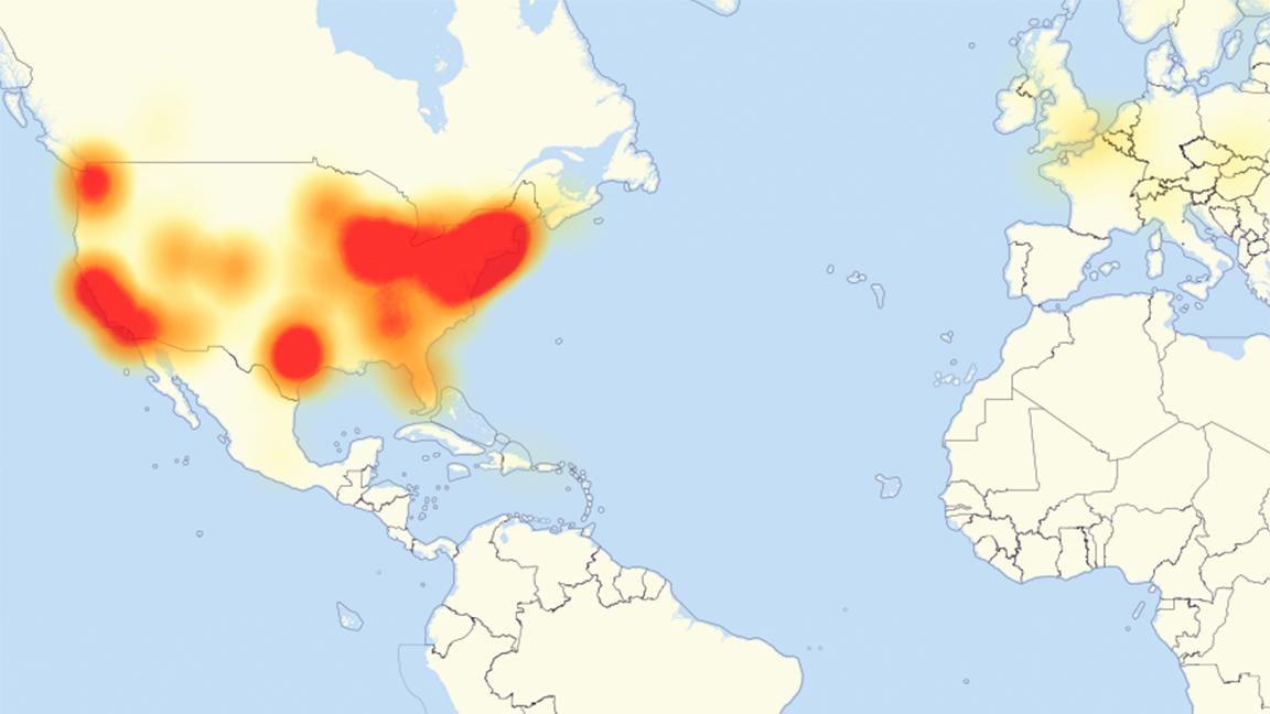 A map shows internet outages caused by the Oct. 21 DDoS attack. (Courtesy of DownDetector)