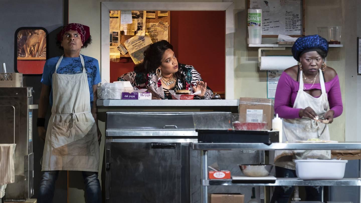 Reza Salazar as Rafael, Danielle Davis as Clyde and Nedra Snipes as Letitia in “Clyde’s” at the Goodman Theatre. (Credit: Liz Lauren)