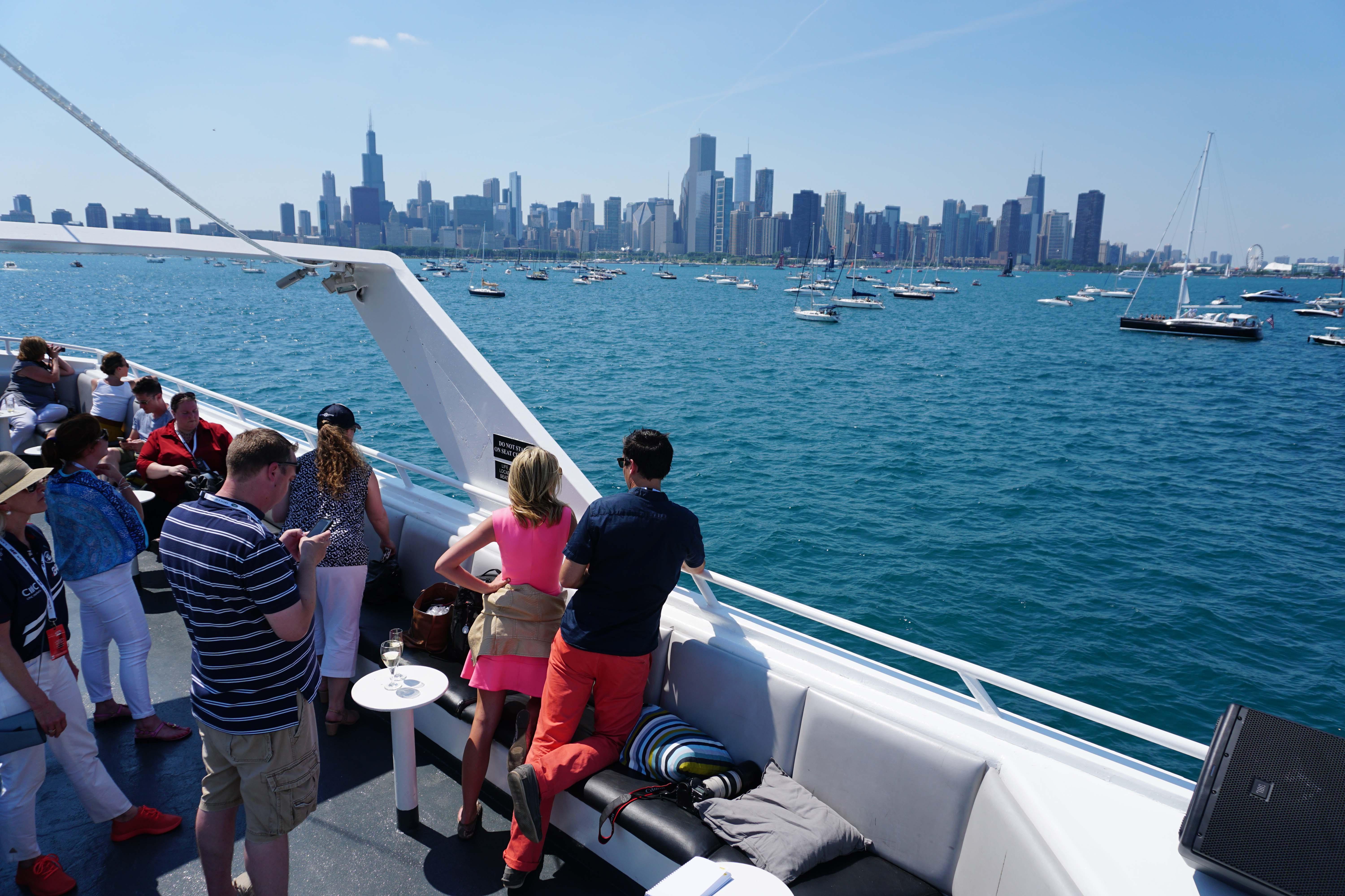 I boarded the well-stocked observation boat at Navy Pier along with a bunch of very British Land Rover reps decked out in their BAR garb and guests. (Geoffrey Baer)