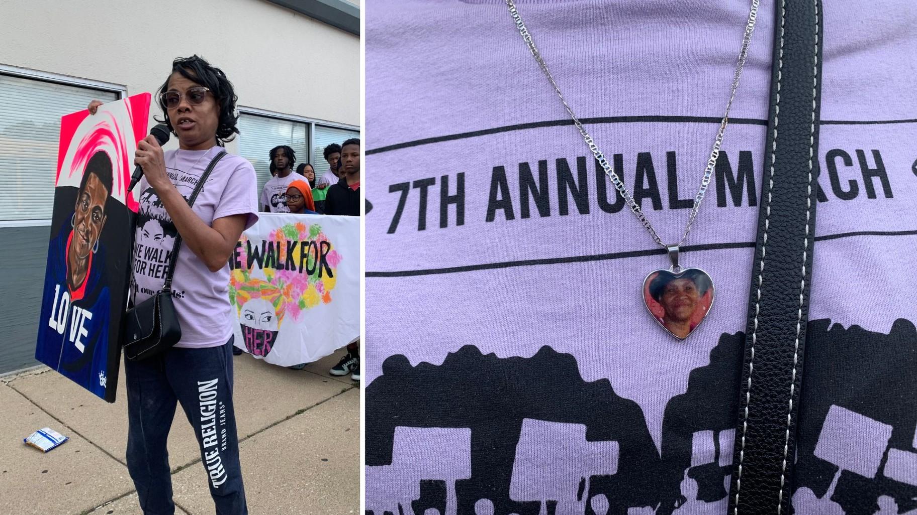 Left: Teresa Smith holds up a portrait of her late mother Daisy Hayes while speaking in Bronzeville on June 6, 2024. Right: Smith wears a heart-shaped necklace with her mother’s picture during the seventh annual “We Walk for Her” March. (Eunice Alpasan / WTTW News)