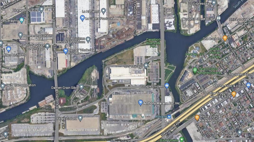 A satellite view of the Damen Silos property (lower left), south of Canal Origins Park, where floating wetlands have been launched recently, and Bubbly Creek, pegged for a multimillion-dollar revitalization. (Google) 