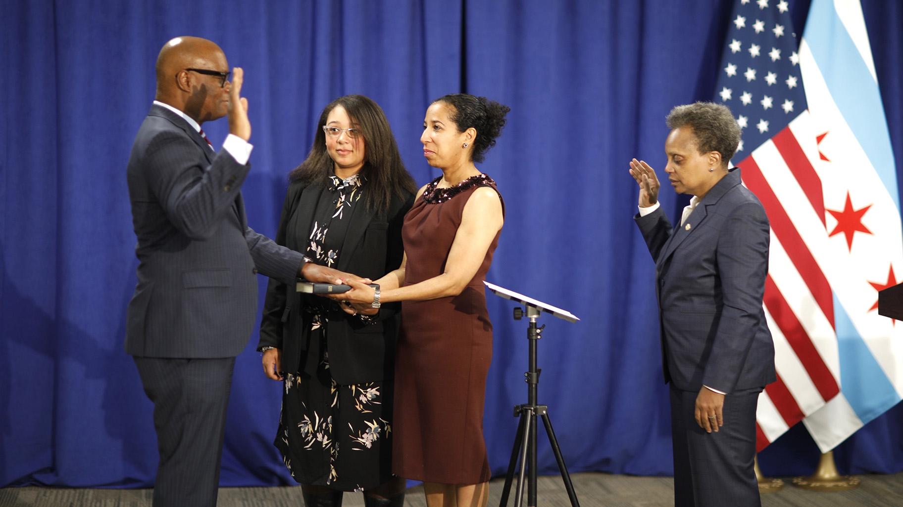 David Brown is sworn in as police superintendent by Chicago Mayor Lori Lightfoot after unanimous approval by the Chicago City Council on Wednesday, April 22, 2020. Brown’s wife and daughter are also pictured. (@Chicago_Police / Twitter photo)