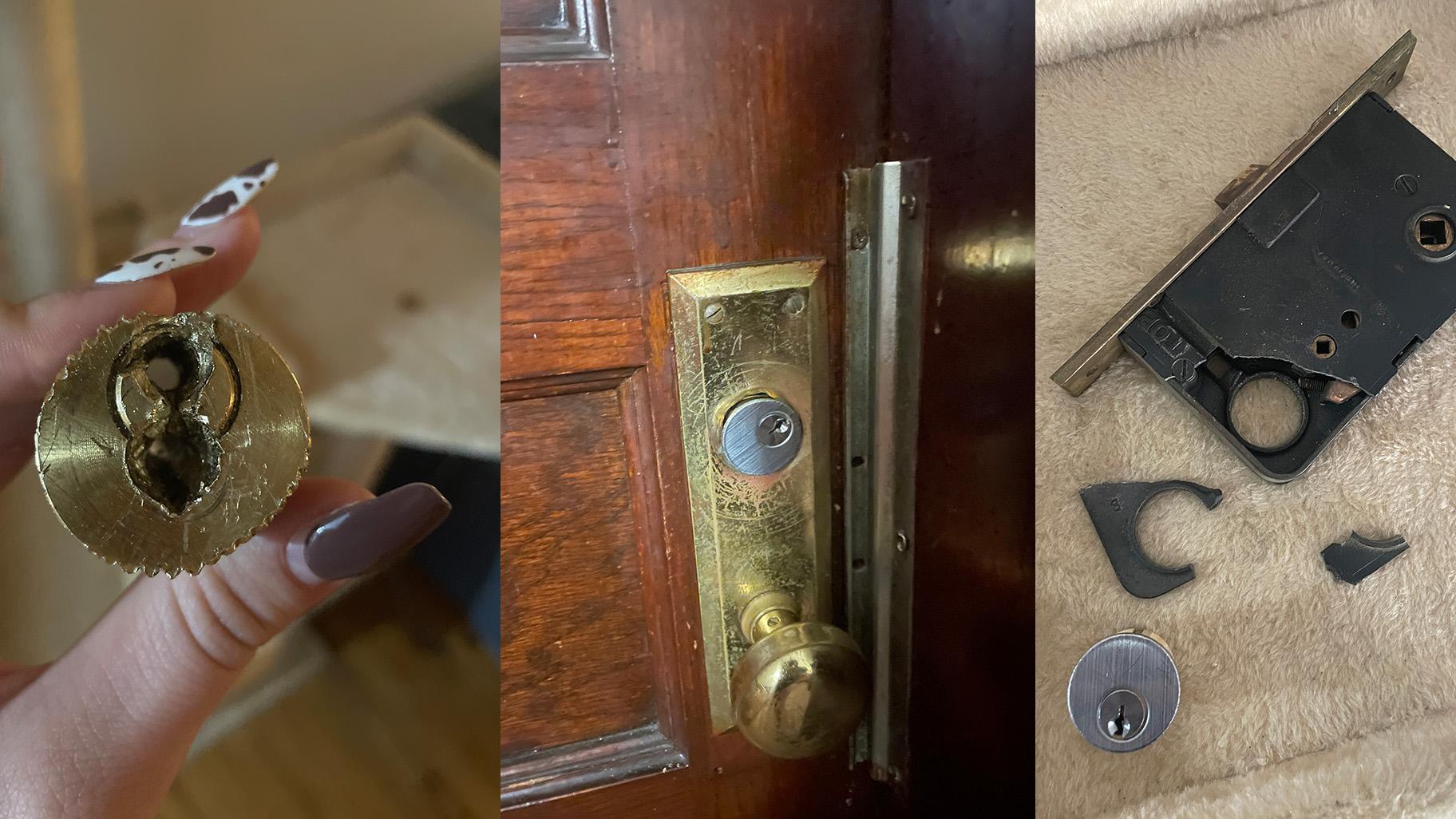 The damaged lock left at Jennifer Hoppes' home. (Courtesy of Jennifer Hoppes)