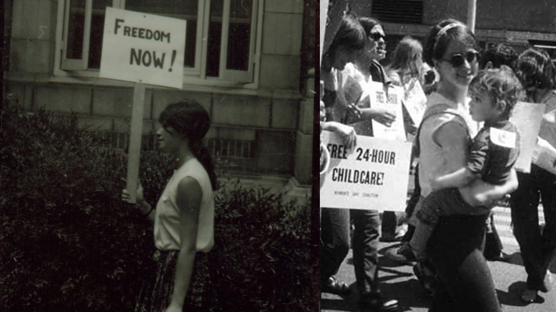 Heather Booth at Mississippi Freedom Summer rally in 1964, left, and at a child care demonstration in 1970 with one of her children. (Courtesy Heather Booth)