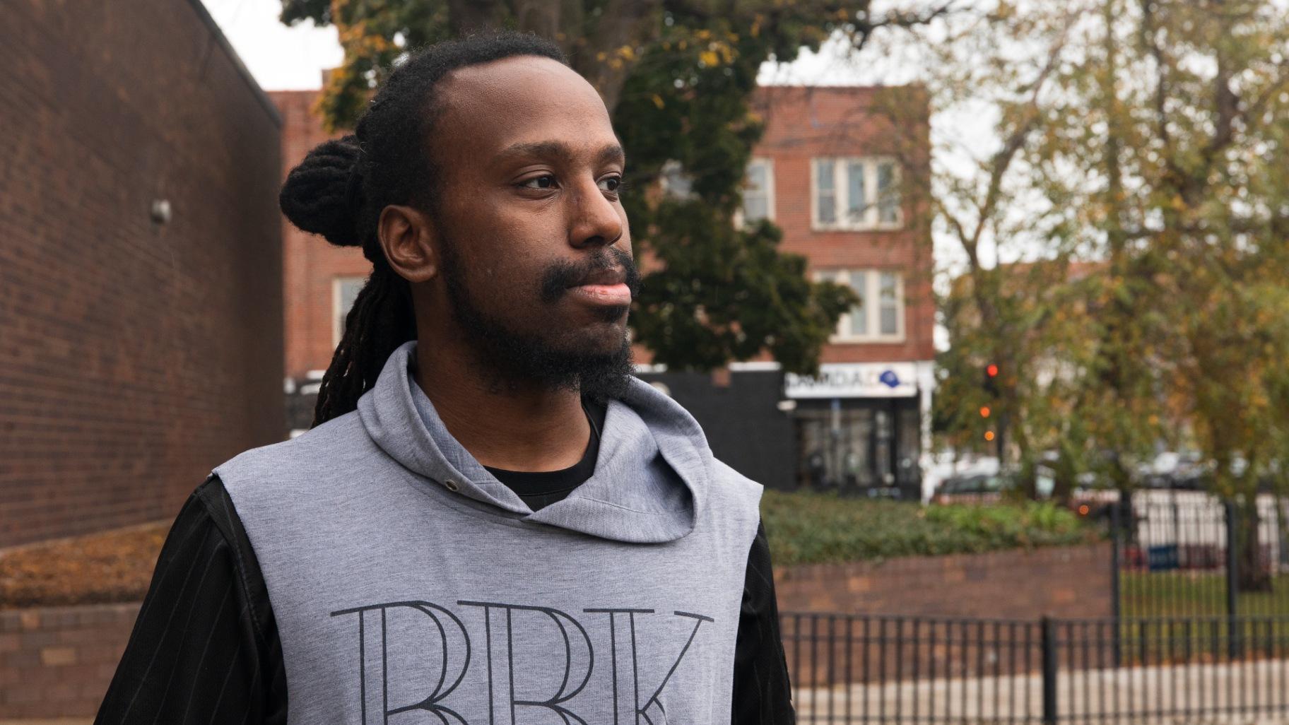 Bronzeville resident Devonta Anderson, 26, outside the Dr. Martin Luther King Community Service Center polling place in Chicago on Nov. 5, 2024. (Michael Izquierdo / WTTW News)