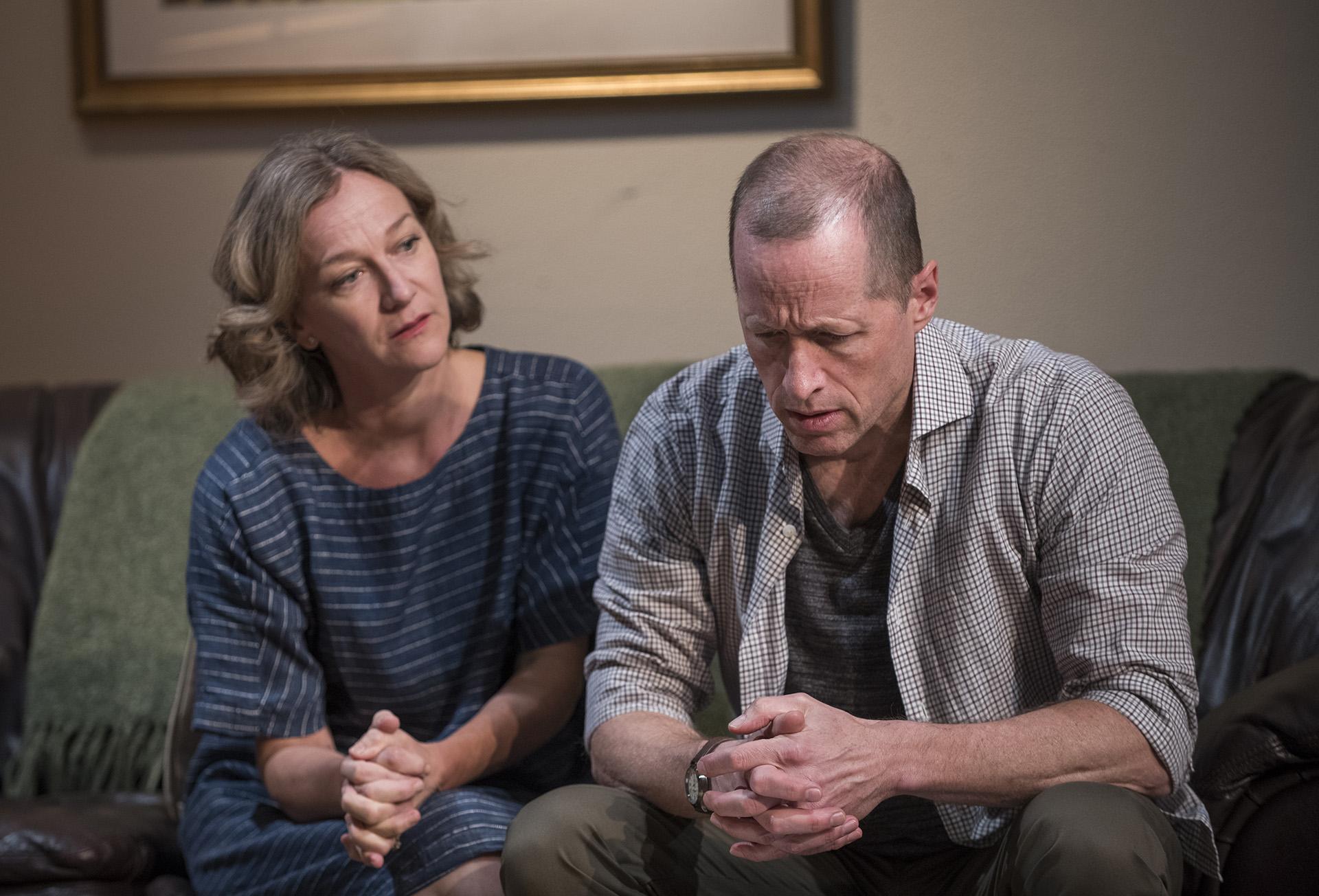 Matilda Ziegler (Em) and ensemble member Tim Hopper (Andy) in Steppenwolf’s world premiere production of “Downstate.” (Photo by Michael Brosilow)