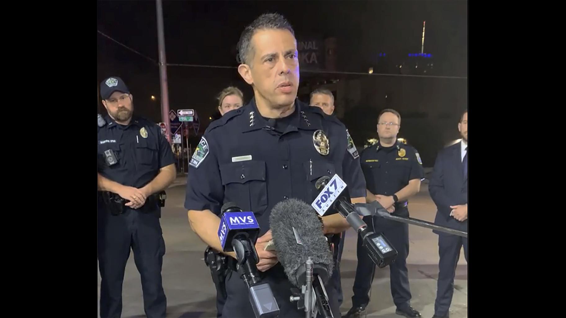 This photo provided by Austin Police Department shows Chief Chacon providing an update on overnight shootings in Austin, Texas, early Saturday, June 12, 2021. Chacon says gunfire erupted in a busy entertainment district downtown early Saturday injuring several. (Austin Police Department via AP)