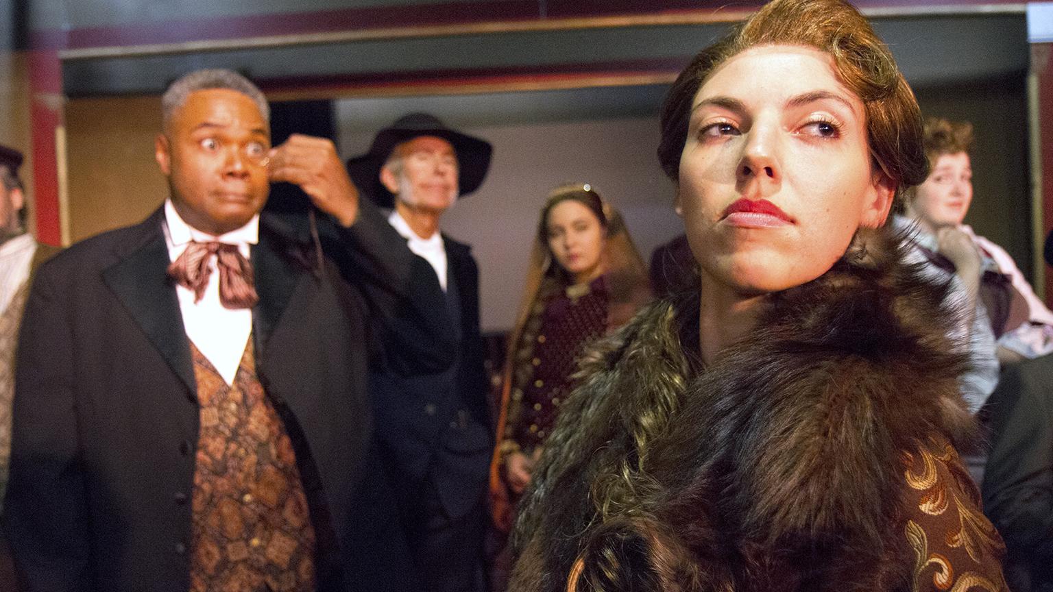 Alice Nutting (Sarah Myers, right) storms out while the Chairman William Cartwright (Darryl Maximilian Robinson, from left) and Cedric Moncriffe (Russ Gager), Janet Conover (Anna Gallucci) and Deirdre Peregrine (Shayla Rogers) look on. (Photo by Eryn Walanka)