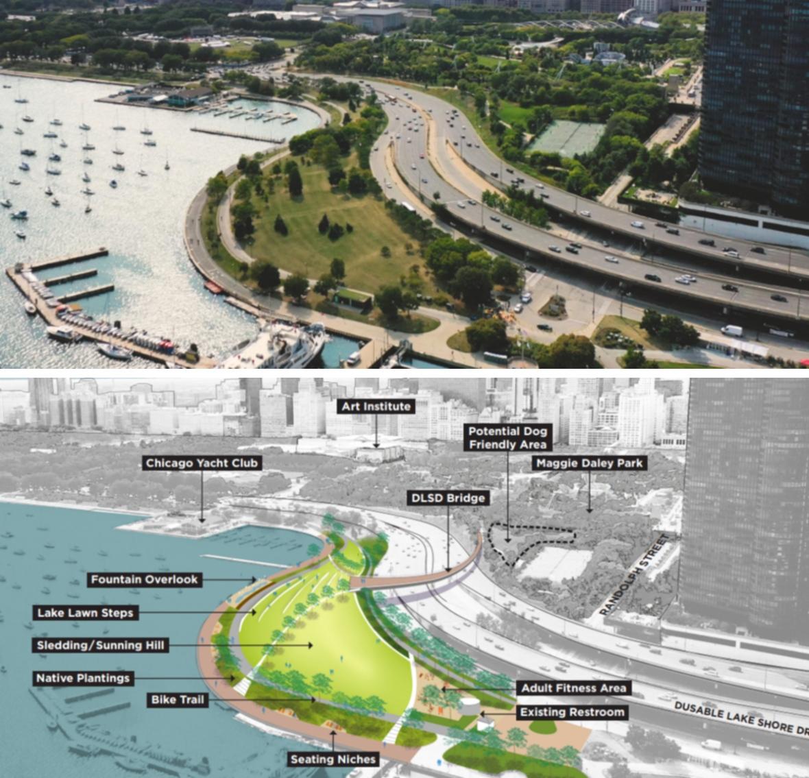 An underutilized area of Grant Park at DuSable Harbor, left, could be renovated and made more accessible via a pedestrian bridge over DuSable Lake Shore Drive. (Courtesy Chicago Park District)
