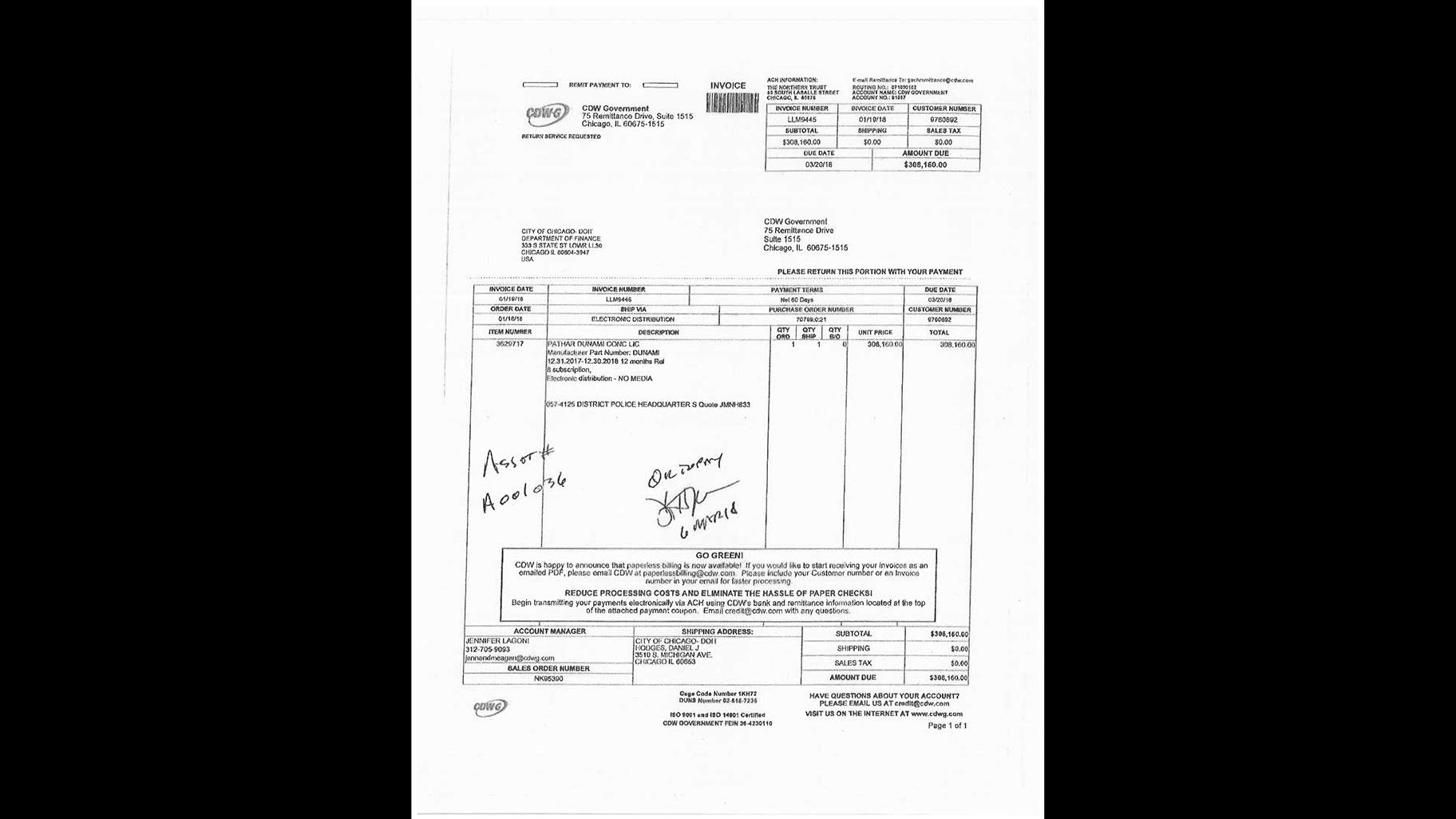 City invoices, including this one from 2018, show that Chicago police spent nearly $1.5 million for the use of the social media monitoring software Dunami. (ACLU of Illinois)