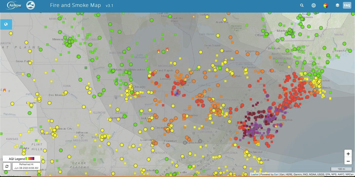 The EPA's Air Quality Index on the morning of June 8, 2023. Purple and maroon marks the worst air quality due to smoke from wildfires in Canada. (EPA)