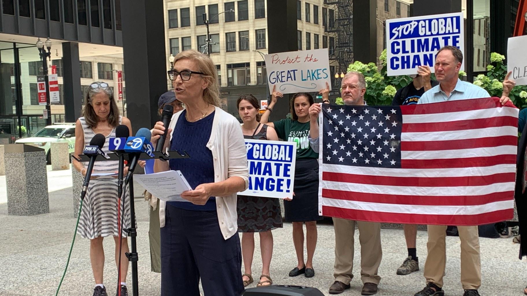 American Federation of Government Employees Local 704 President Nicole Cantello, whose union represents about 1,000 EPA employees in the Midwest, speaks at Federal Plaza on July 28, 2025, in light of the Trump administration’s reported plans to rescind the EPA’s “endangerment finding,” which allows the agency to set limits on greenhouse gas emissions. (Eunice Alpasan / WTTW News)