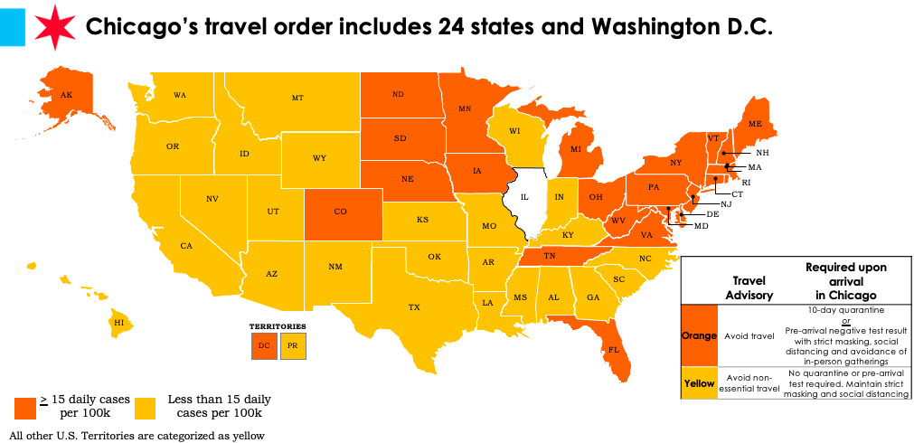 A map shows the latest version of Chicago’s travel order. (Courtesy City of Chicago)