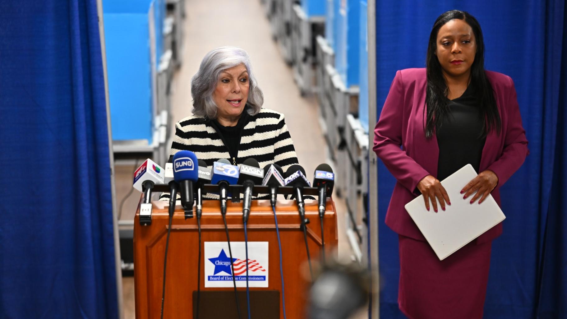 Chicago Board of Elections Chairwoman Marisel Hernandez speaks to reporters on Oct. 19, 2026. (Victor Hilitski / WTTW News)