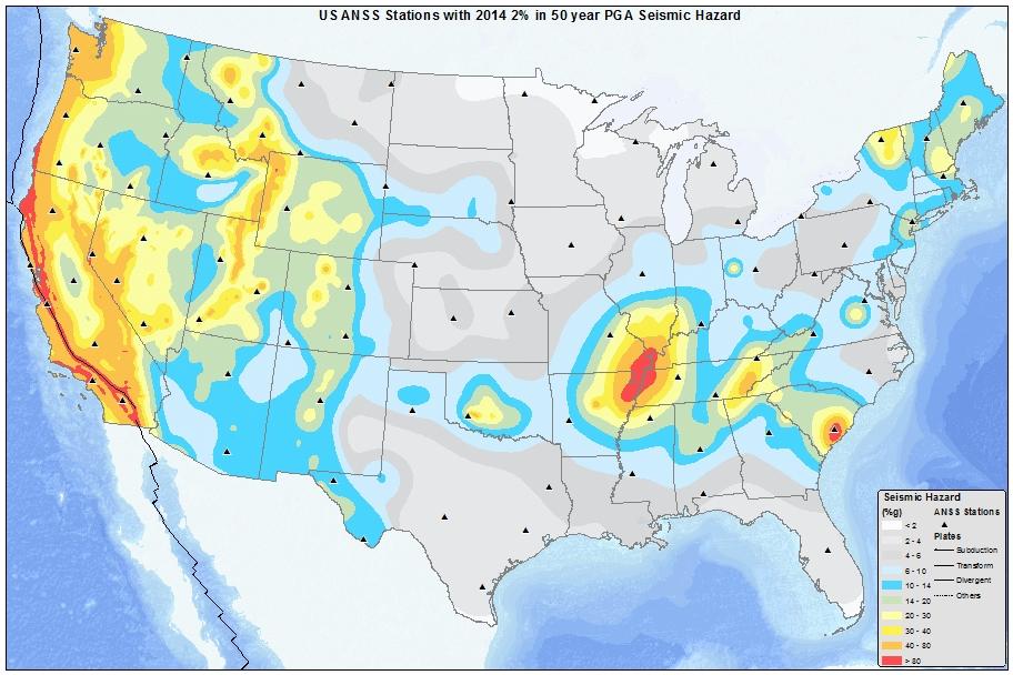 A U.S. seismic hazard map indicates the risk near the New Madrid Seismic Zone, which covers part of southwestern Illinois. (U.S. Geological Survey)