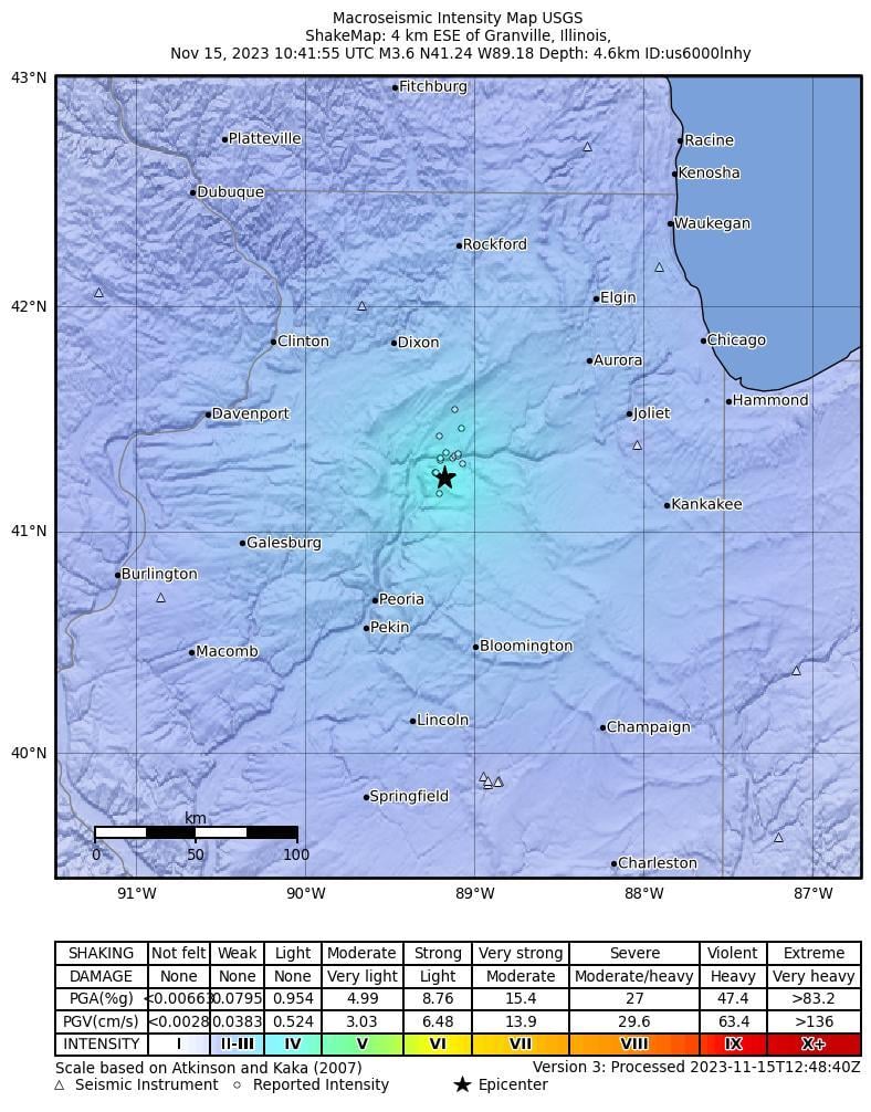 Mapa de intensidad del terremoto del miércoles 15 de noviembre de 2023. (Servicio Geológico de EE. UU.)