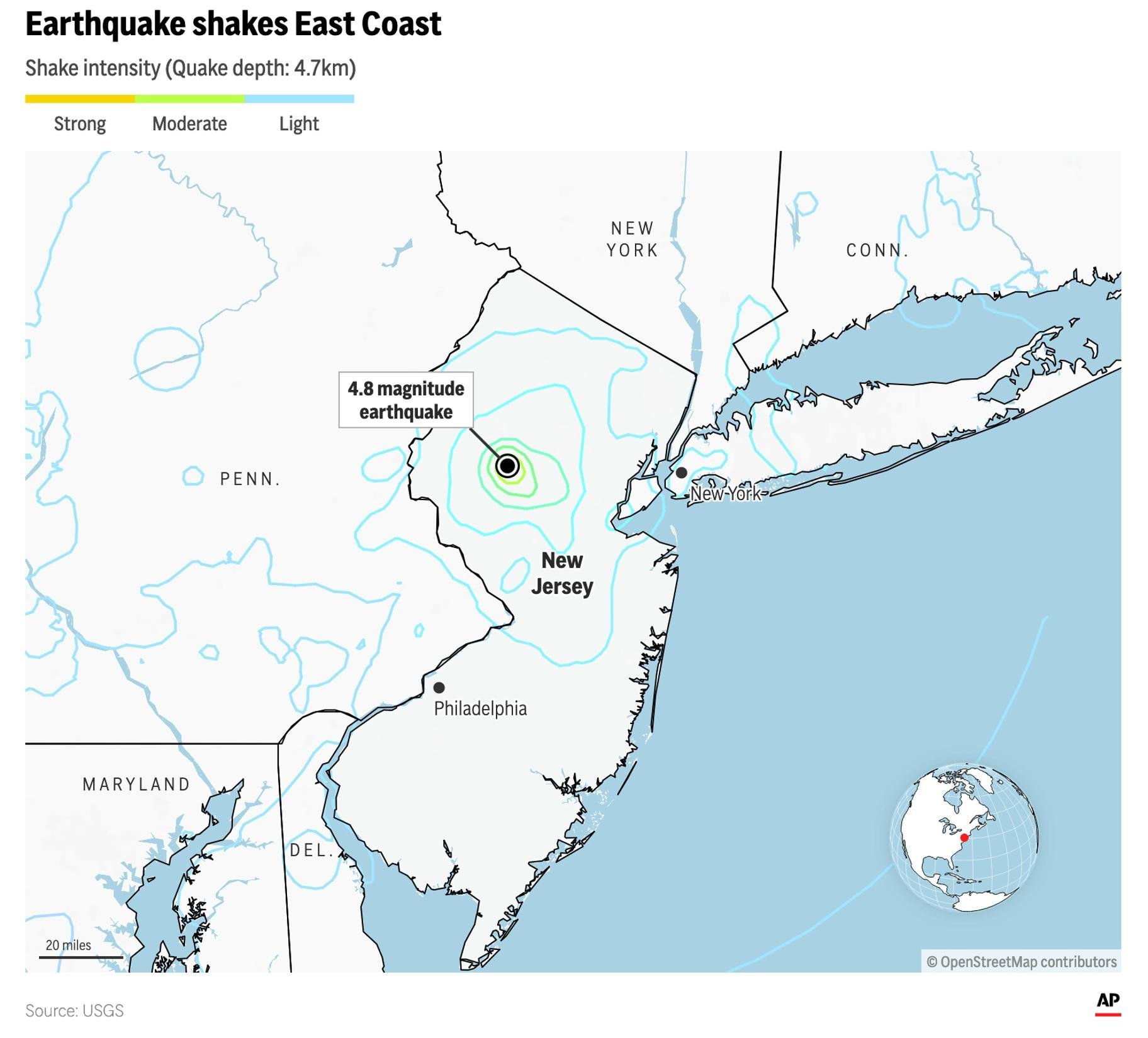 The map above locates the 4.8-magnitude earthquake that shook parts of the East Coast near New York on Friday, April 5 and plots its shake intensity. (AP Digital Embed)