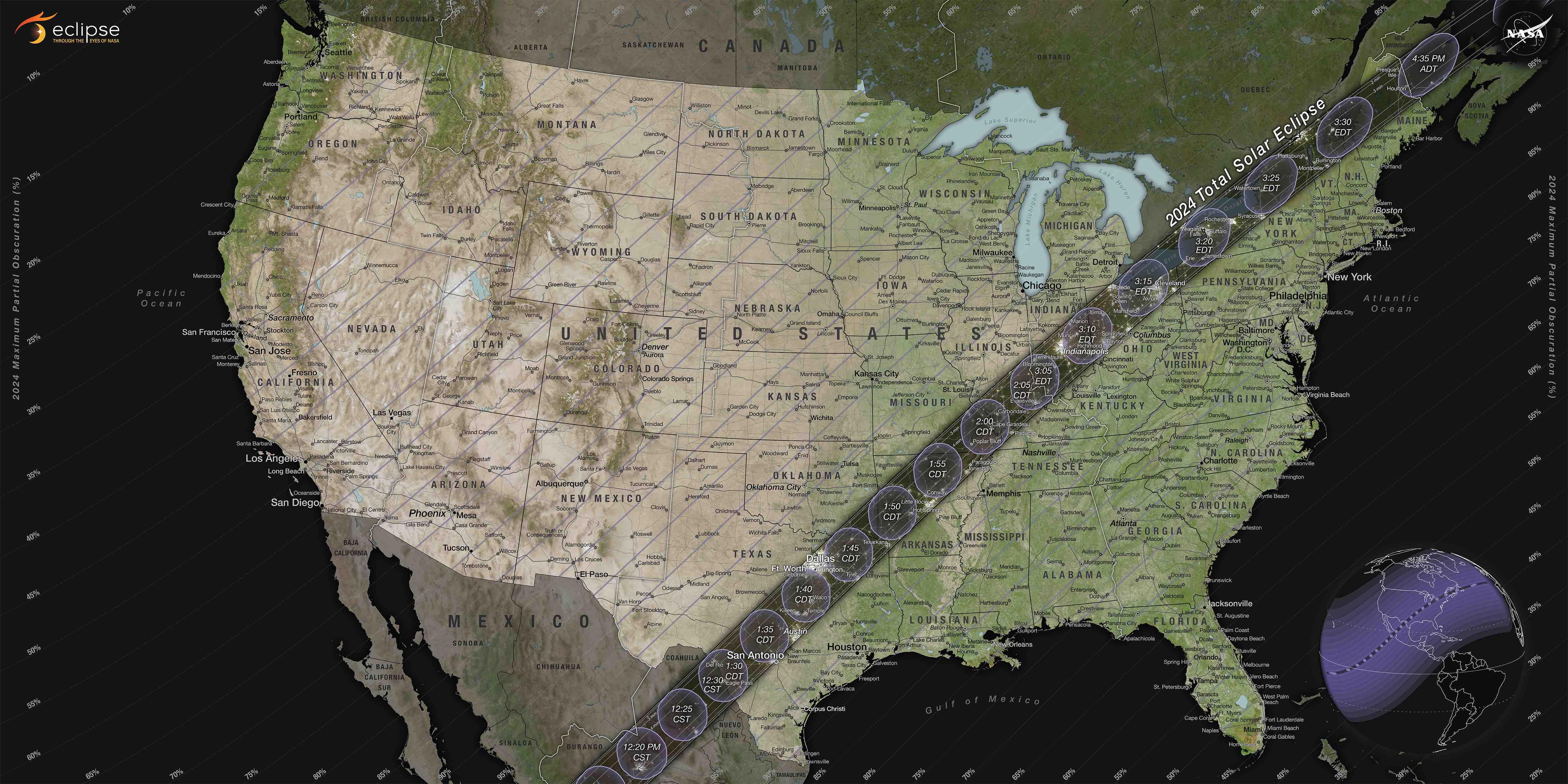A map of the path of totality for the April 8 solar eclipse. (NASA's Scientific Visualization Studio)