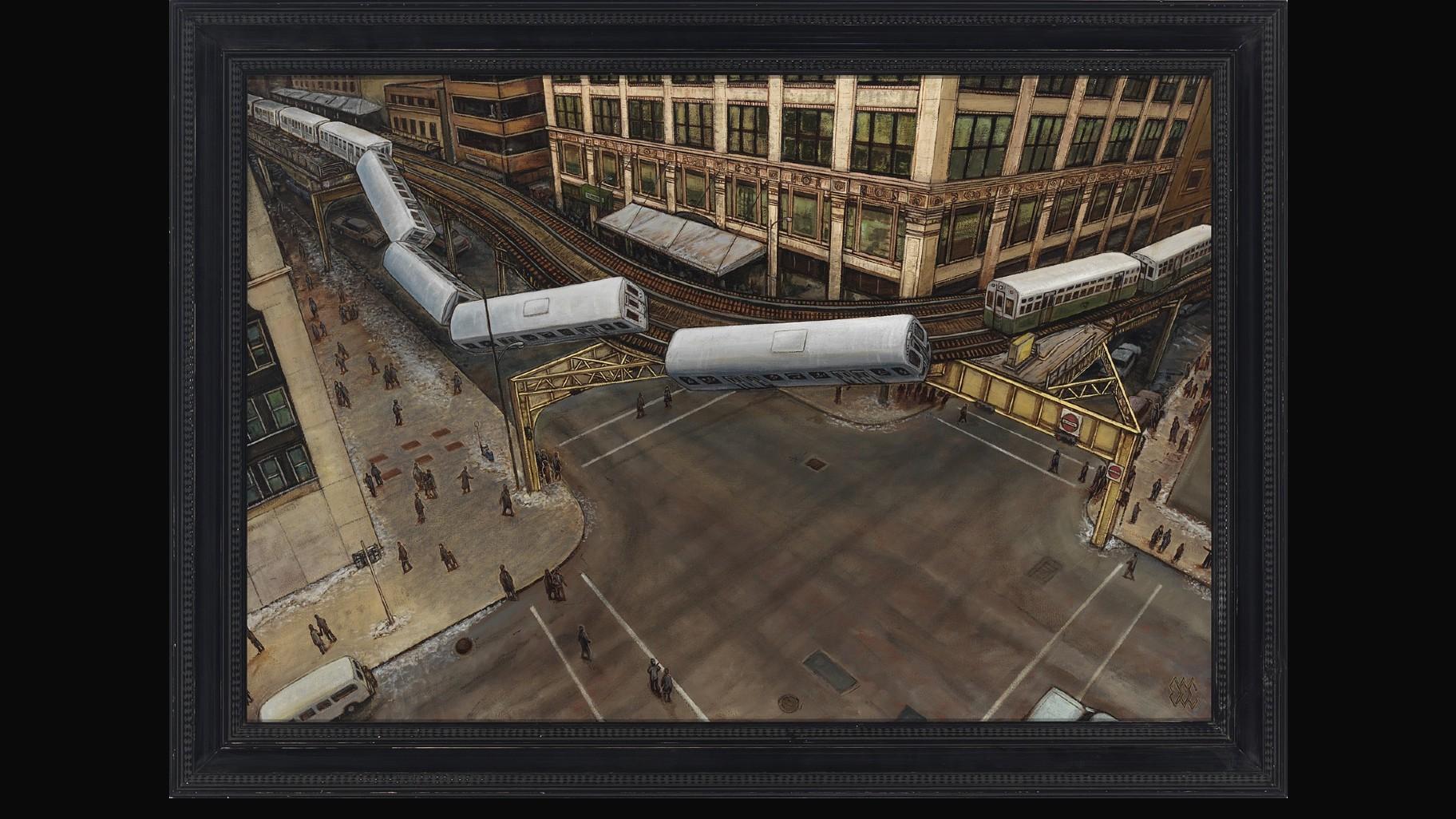 A painting of the Feb. 1977, derailment of a train during rush hour at Lake and Wabash. (Credit: Eric Edward Esper)