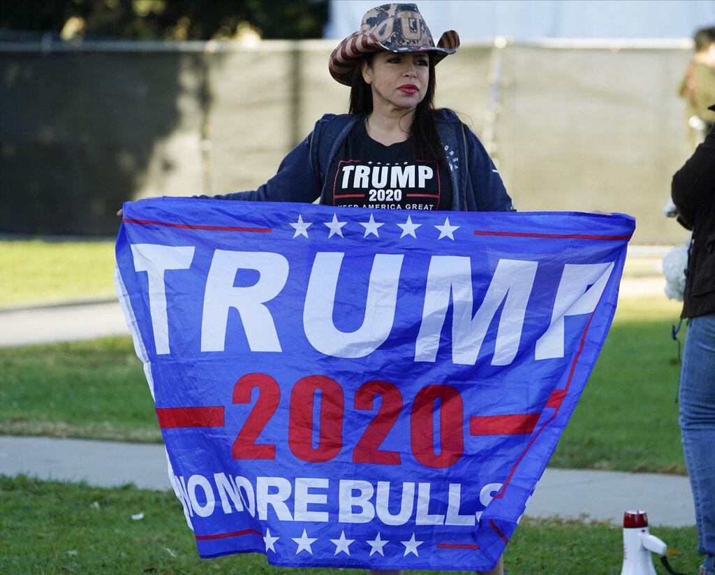 A supporter for the re-election of Donald Trump for President holds a banner as she demonstrates on North Santa Monica Blvd., in Beverly Hills, Calif., Saturday, Nov. 7, 2020. (AP Photo / Damian Dovarganes)