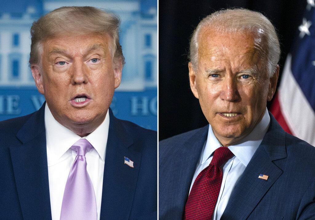 In this combination photo, president Donald Trump, left, speaks at a news conference on Aug. 11, 2020, in Washington and Democratic presidential candidate former Vice President Joe Biden speaks in Wilmington, Del. on Aug. 13, 2020. (AP Photo)