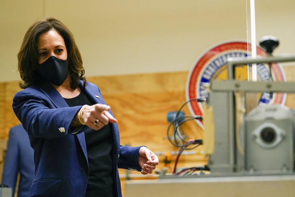 Democratic vice presidential candidate Sen. Kamala Harris, D-Calif., speaks during a tour of the IBEW 494 training facility Monday, Sept. 7, 2020, in Milwaukee. (AP Photo / Morry Gash)