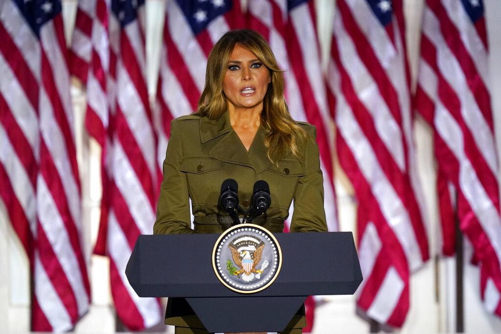 First lady Melania Trump speaks on the second day of the Republican National Convention from the Rose Garden of the White House, Tuesday, Aug. 25, 2020, in Washington. (AP Photo / Evan Vucci)