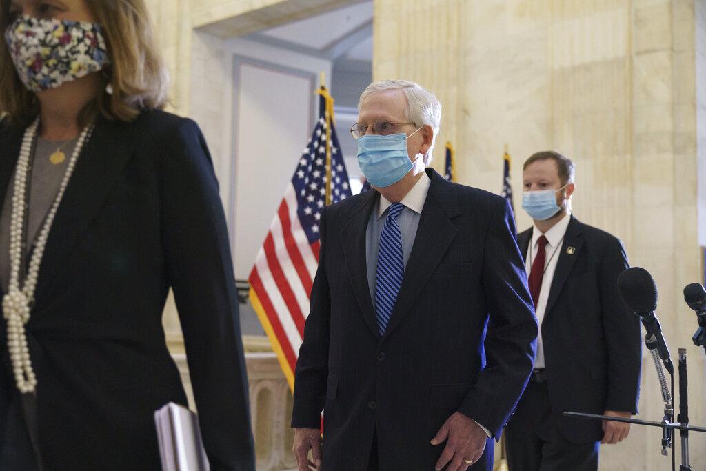 Senate Majority Leader Mitch McConnell, R-Ky., arrives as Senate Republicans hold leadership elections, on Capitol Hill in Washington, Tuesday, Nov. 10, 2020. (AP Photo / J. Scott Applewhite)