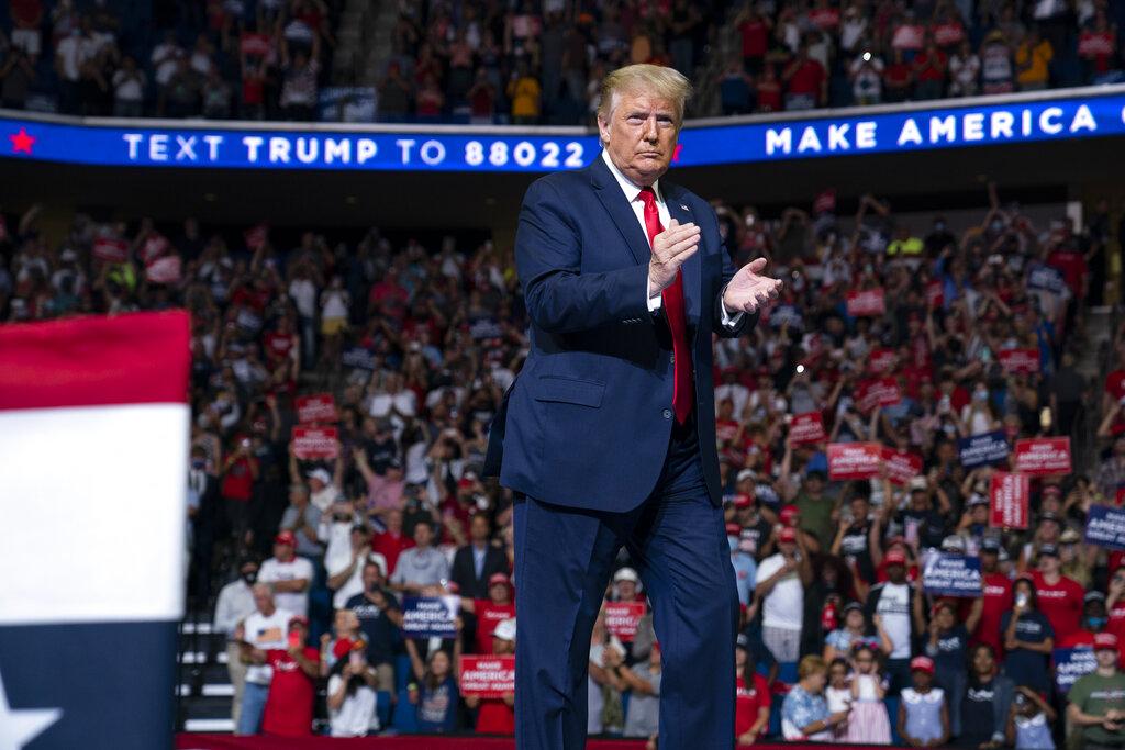 President Donald Trump arrives on stage to speak at a campaign rally at the BOK Center, Saturday, June 20, 2020, in Tulsa, Okla. (AP Photo / Evan Vucci)