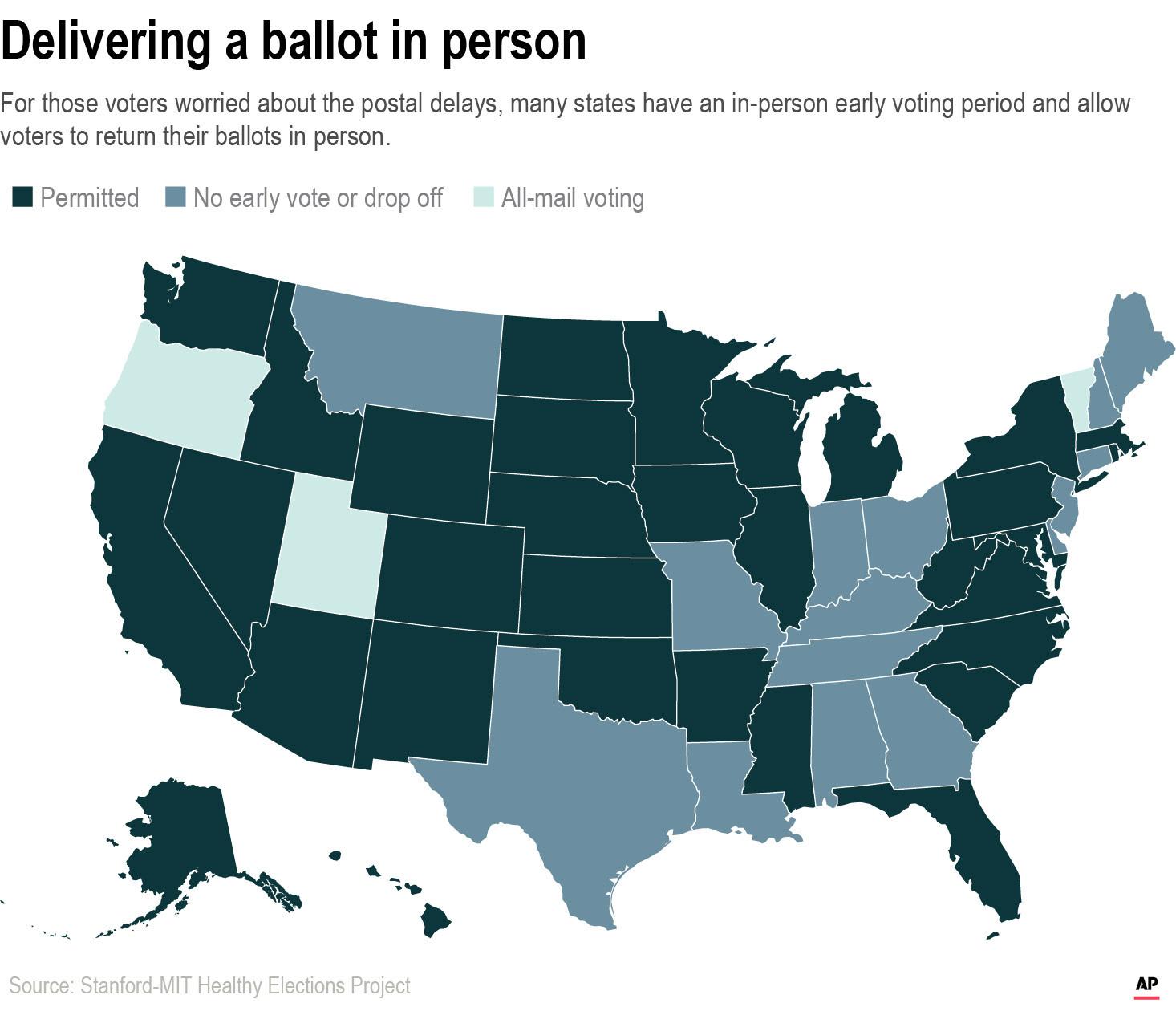 Map show states that allow voters to return ballots in-person. (Click to enlarge.)