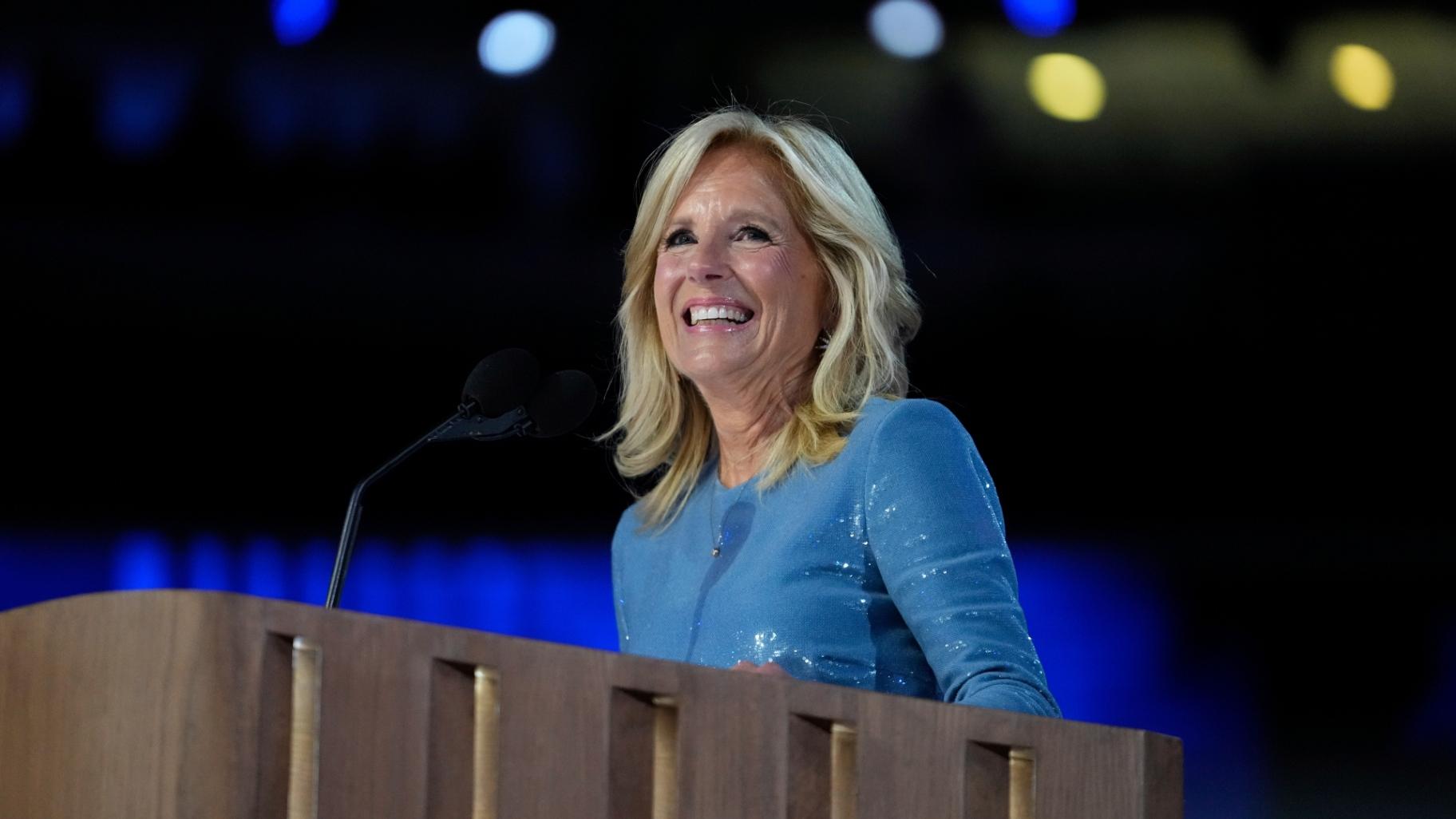 First Lady Jill Biden speaks during the Democratic National Convention Monday, Aug. 19, 2024, in Chicago. (Paul Sancya / AP Photo)