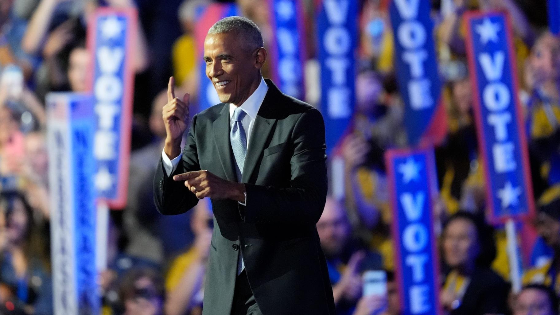 Former President Barack Obama speaks during the Democratic National Convention Tuesday, Aug. 20, 2024, in Chicago. (Charles Rex Arbogast / AP Photo)