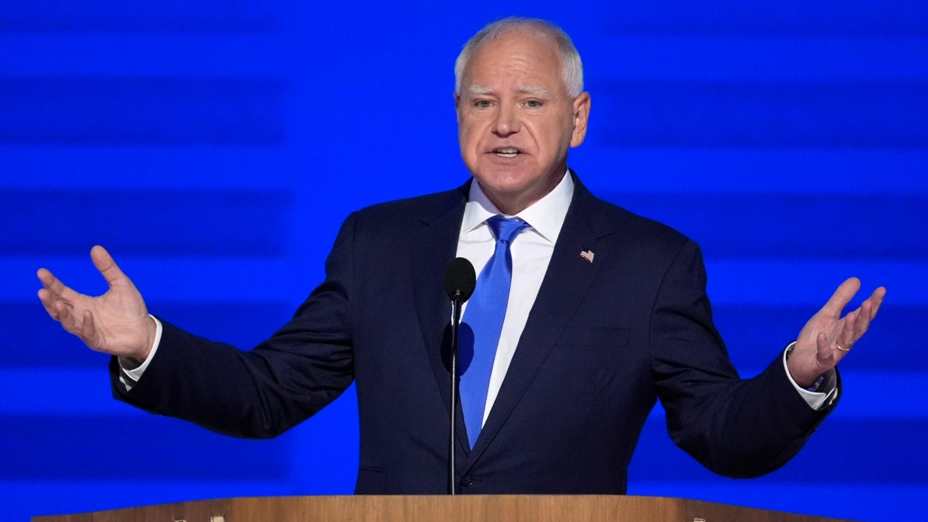 Democratic vice presidential nominee Minnesota Gov. Tim Walz speaks during the Democratic National Convention Wednesday, Aug. 21, 2024, in Chicago. (J. Scott Applewhite / AP Photo)