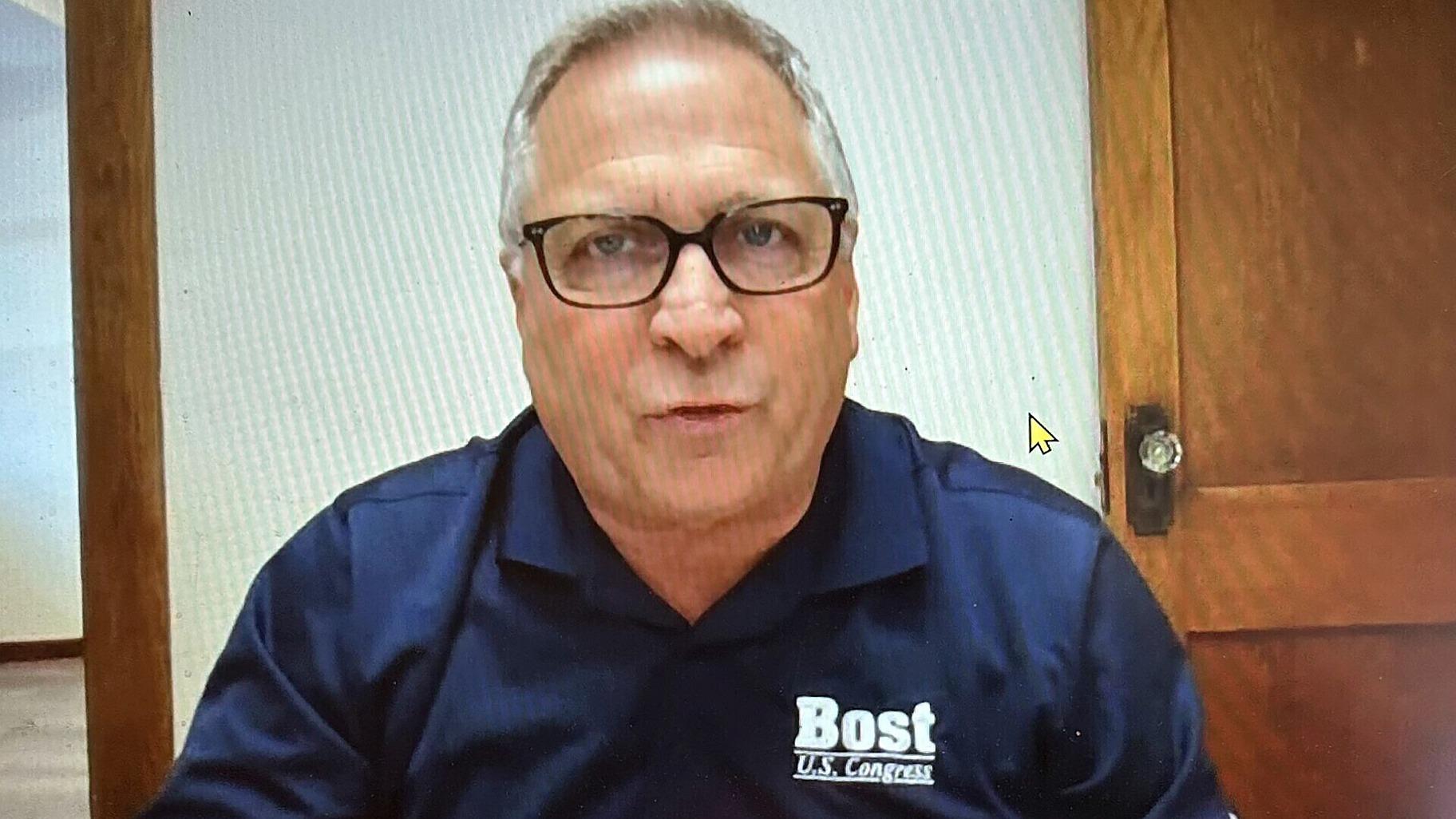 U.S. Rep. Mike Bost discusses his re-election campaign via video conference in this Monday, March 4, 2024 photo. (AP Photo / John O’Connor)