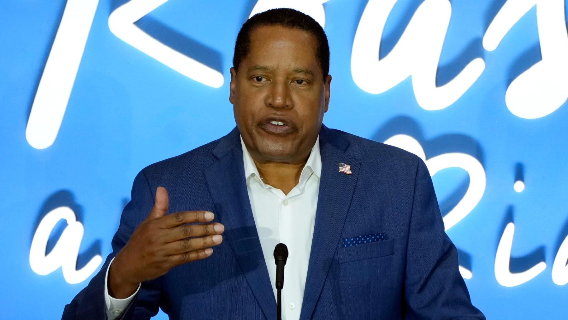 FILE - Republican presidential candidate and radio show host Larry Elder speaks during Sen. Joni Ernst's Roast and Ride, June 3, 2023, in Des Moines, Iowa. (AP Photo / Charlie Neibergall, File)