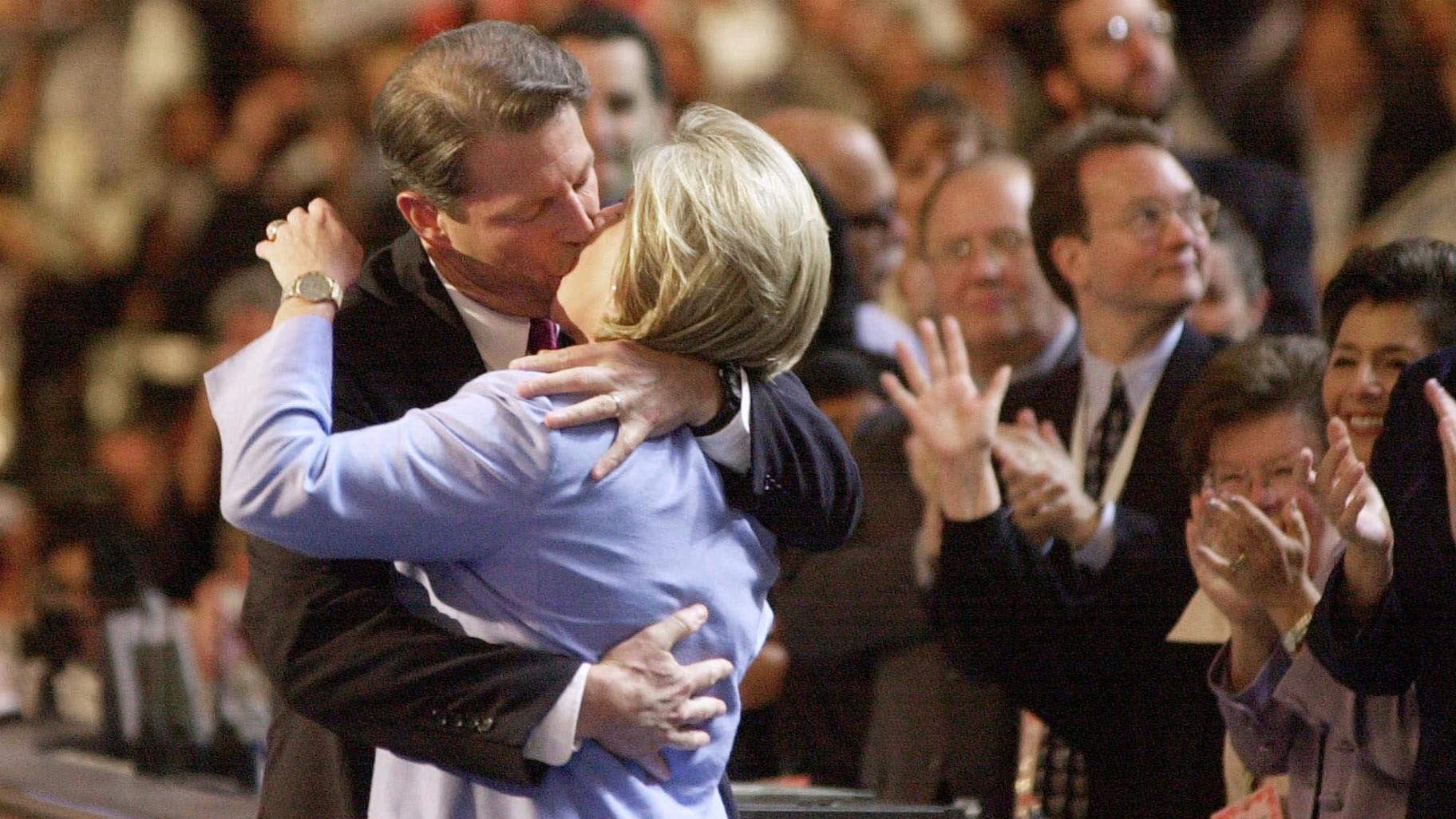 FILE - Democratic presidential nominee Al Gore kisses his wife, Tipper, on the stage at the Democratic National Convention in Los Angeles, Aug. 17, 2000. (David J. Phillip / AP Photo, File)