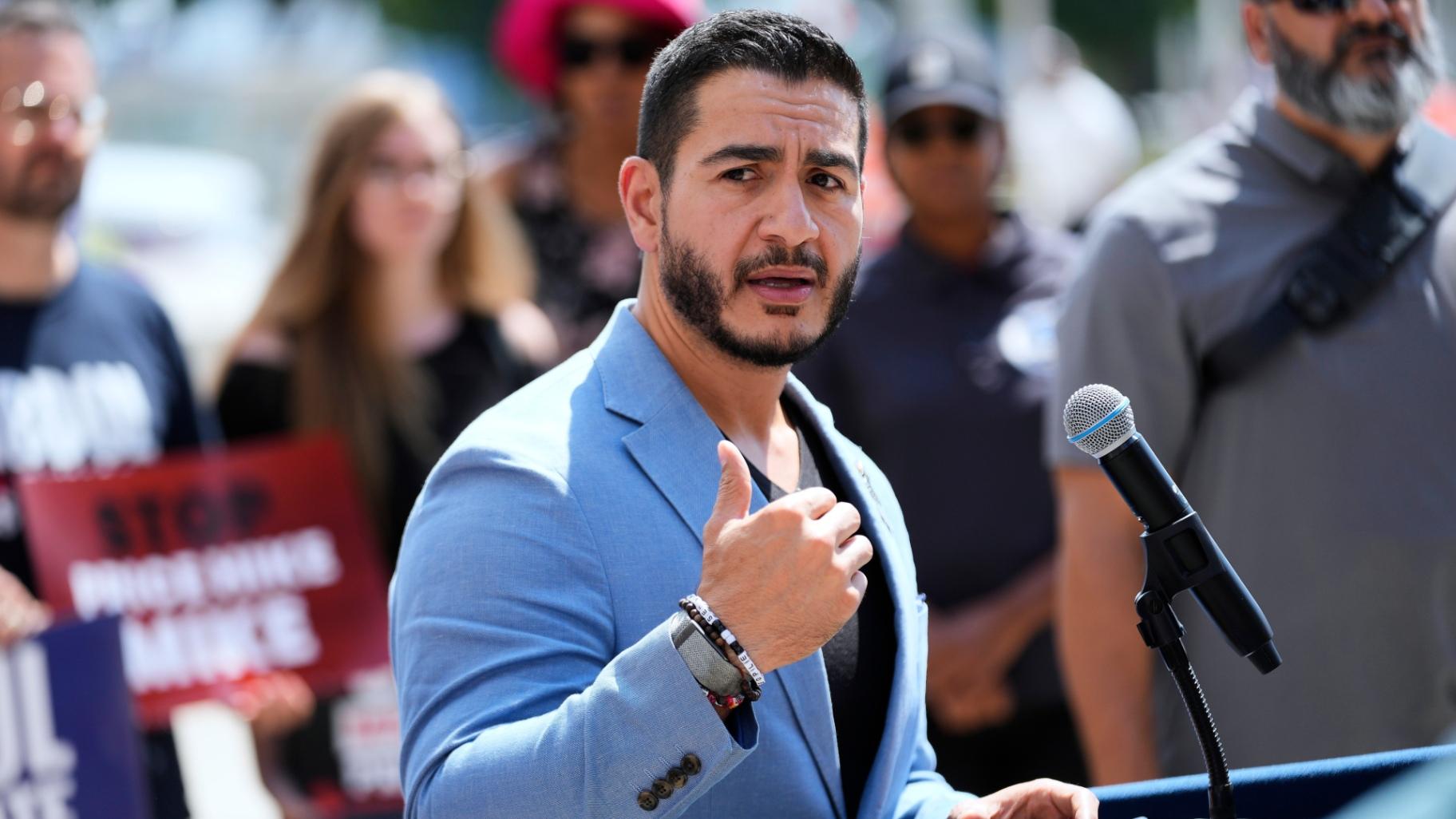 Democratic nominee for U.S. Senate Abdul El-Sayed speaks at a news conference at the base of the Spirit of Detroit monument in Detroit, Wednesday, Aug. 19, 2026. (AP Photo/Paul Sancya)