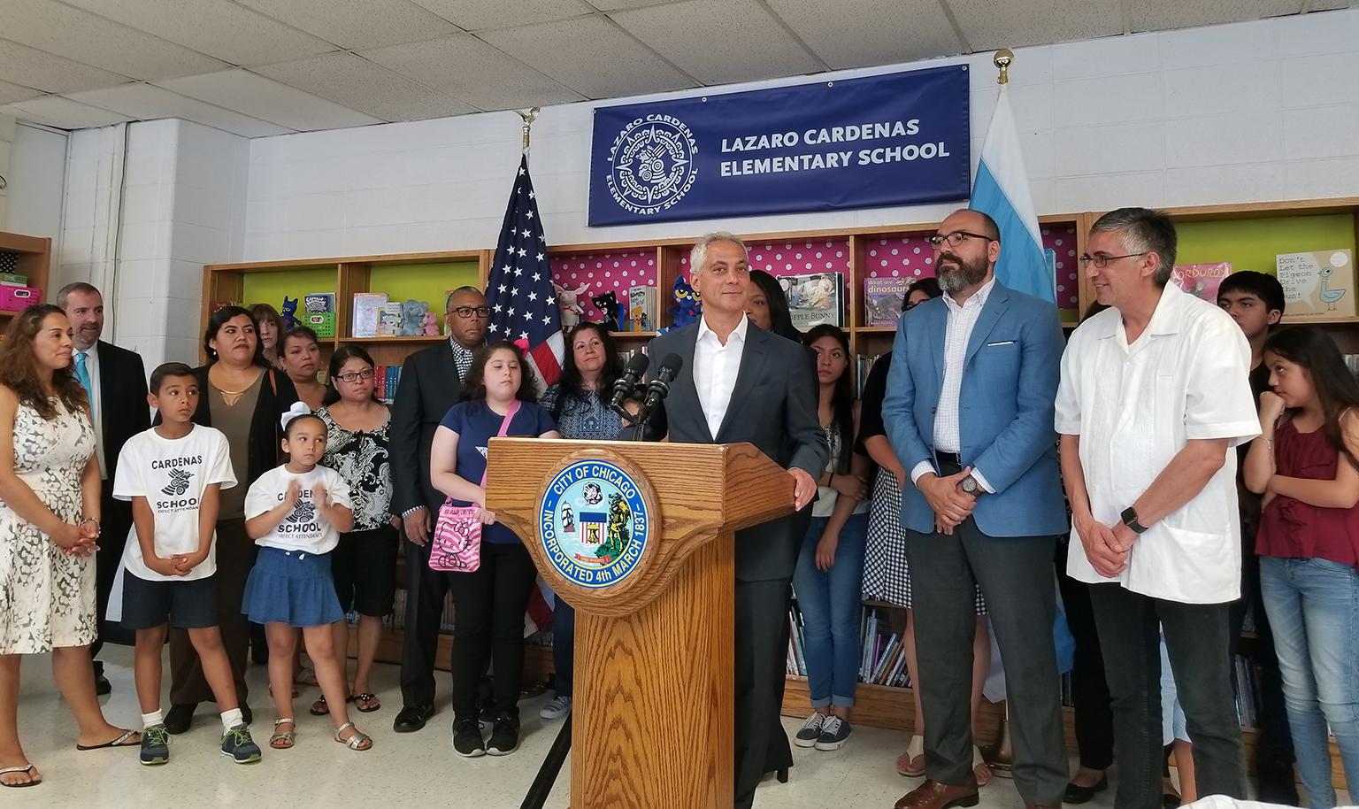 Mayor Rahm Emanuel speaks to the press Friday, July 6, 2018. (Matt Masterson / Chicago Tonight)