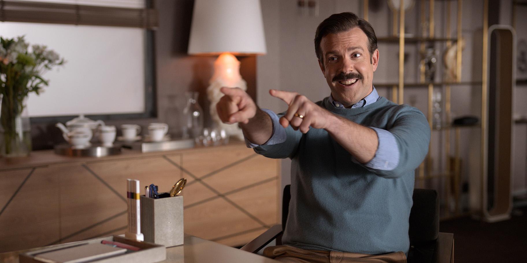 This image released by Apple TV Plus shows Jason Sudeikis in “Ted Lasso.” (Apple TV Plus via AP)