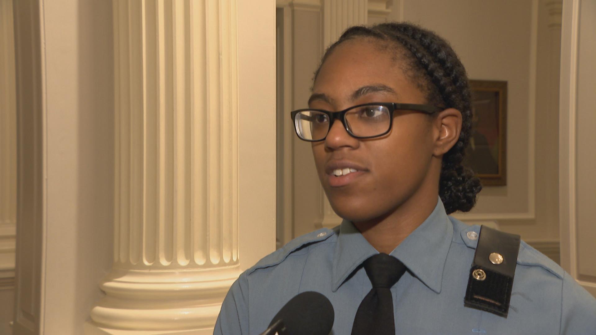 A police recruit speaks with WTTW News about an empathy workshop hosted by Storycatchers Theatre.