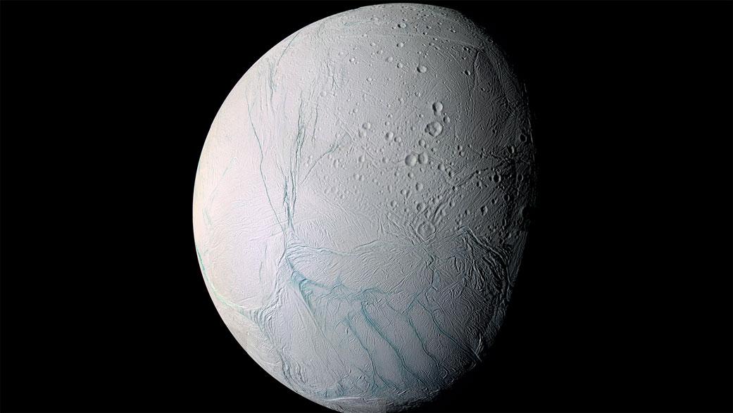 During a 2005 flyby, NASA’s Cassini spacecraft took high-resolution images of Enceladus that were combined into this mosaic, which shows the long fissures at the moon’s south pole that allow water from the subsurface ocean to escape into space. (NASA/JPL-Caltech/Space Science Institute)
