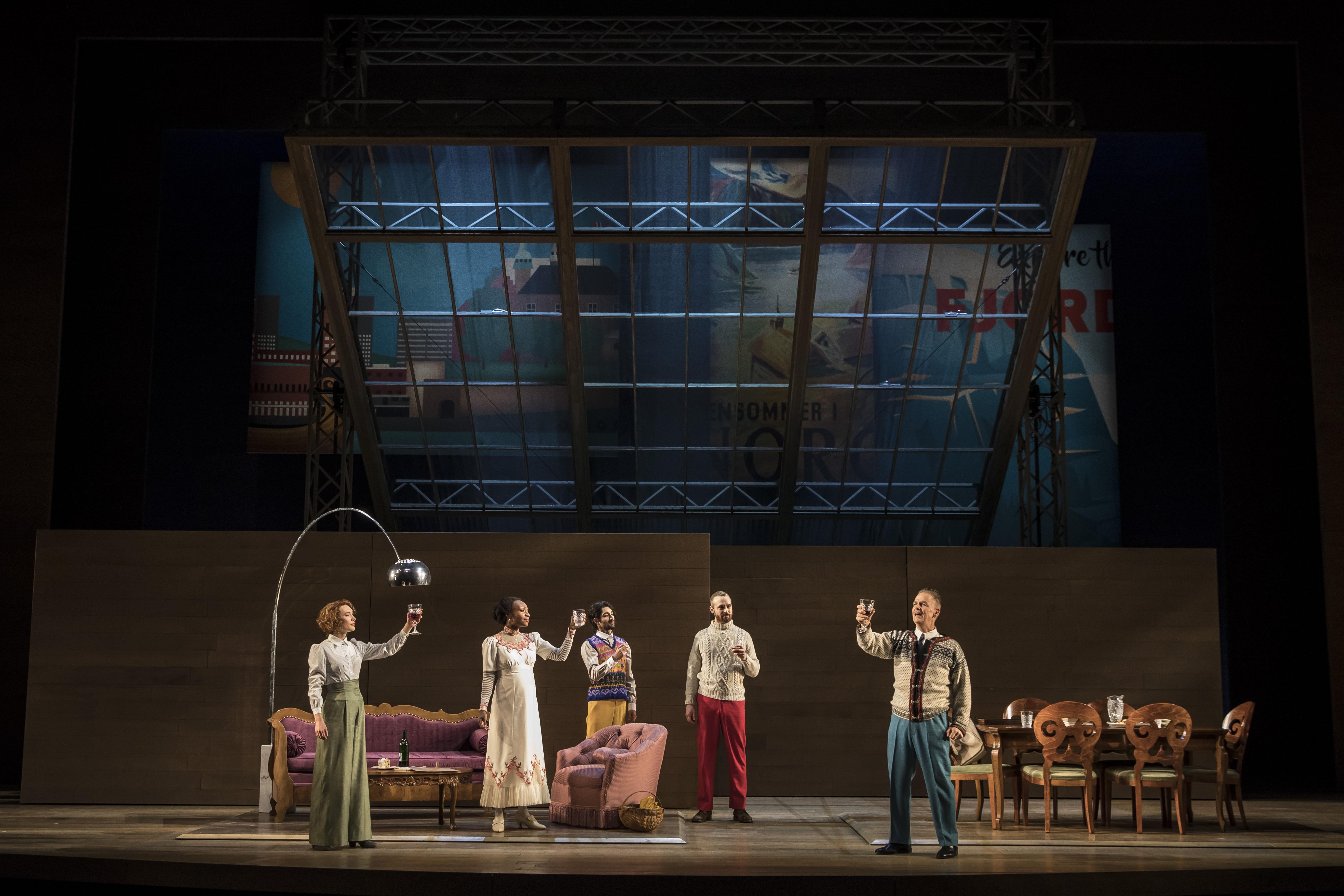 Lanise Antoine Shelley (Katherine), Jesse Bhamrah (Billing), Aubrey Deeker Hernandez (Hovstad), and Philip Earl Johnson(Thomas Stockmann) in “An Enemy of the People” by Henrik Ibsen, adapted and directed by Robert Falls at Goodman Theatre. (Credit: Liz Lauren)