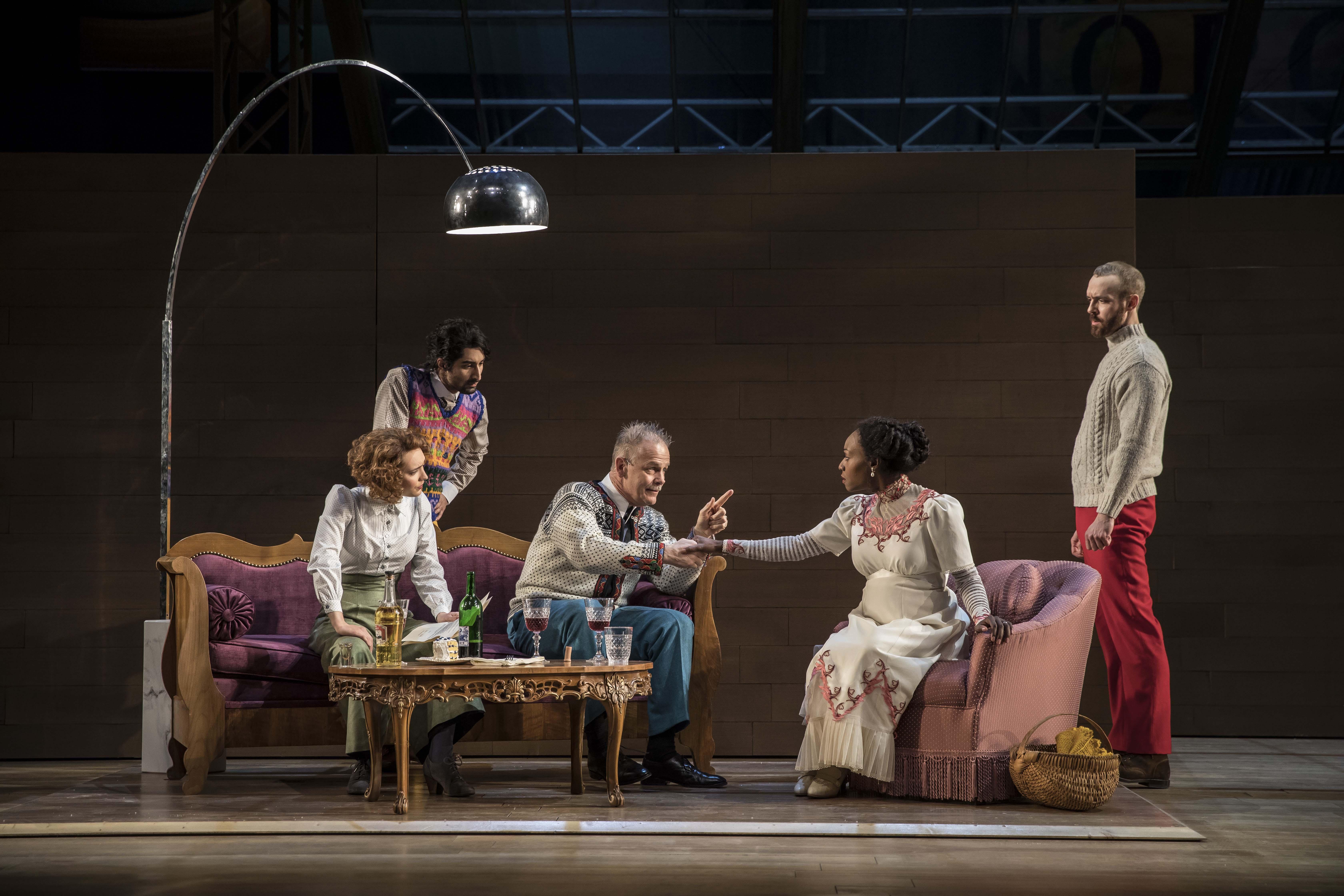 Rebecca Hurd (Petra), Jesse Bhamrah (Billing), Philip Earl Johnson (Thomas Stockmann), Lanise Antoine Shelley (Katherine), and Aubrey Deeker Hernandez (Hovstad) in “An Enemy of the People” by Henrik Ibsen, adapted and directed by Robert Falls at Goodman Theatre. (Credit: Liz Lauren)