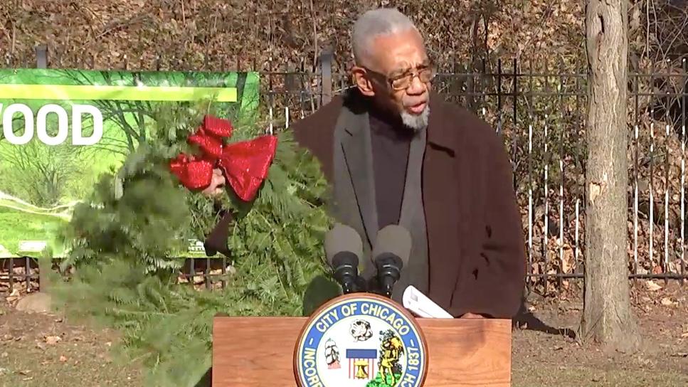 Retiring Cong. Bobby Rush holds up a Christmas wreath purchased at South Side Blooms, an expanding agro-eco business, during the Englewood Nature Trail press conference, Dec. 2, 2022. (City of Chicago livestream) 