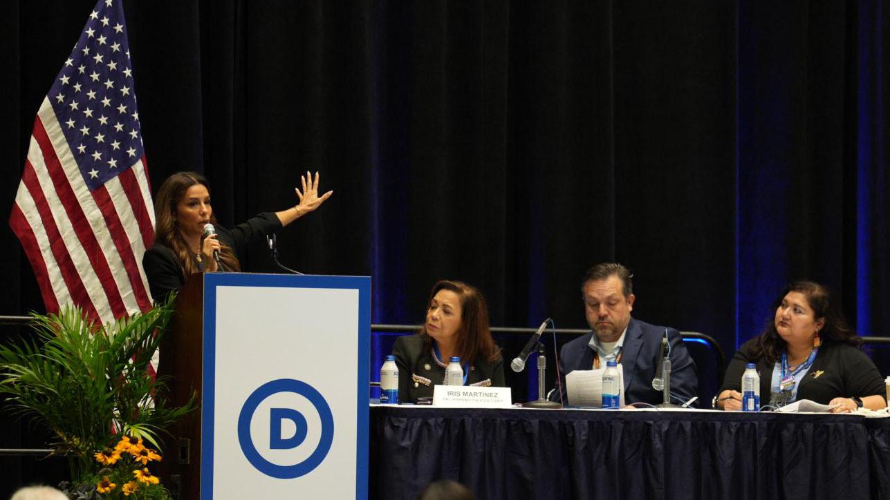 Actress Eva Longoria at the Hispanic Democratic Caucus meeting on Wednesday, Aug. 21, 2024. (Emily Soto / WTTW News)