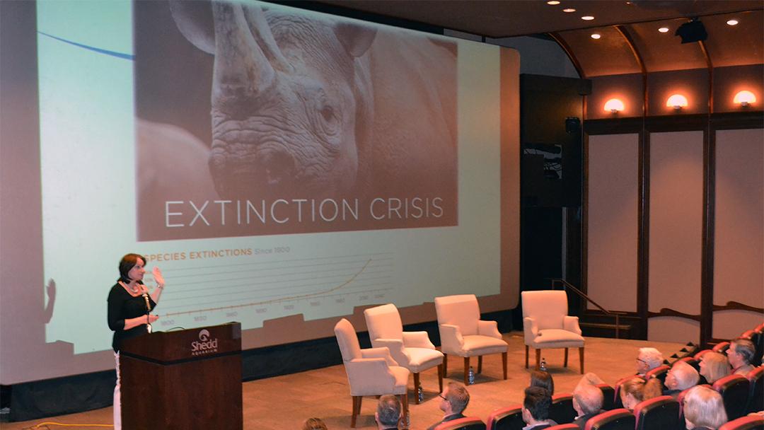 Debborah Luke of the Association of Zoos and Aquariums speaks to Shedd Aquarium's premier donor society March 20. (Alex Ruppenthal / Chicago Tonight)