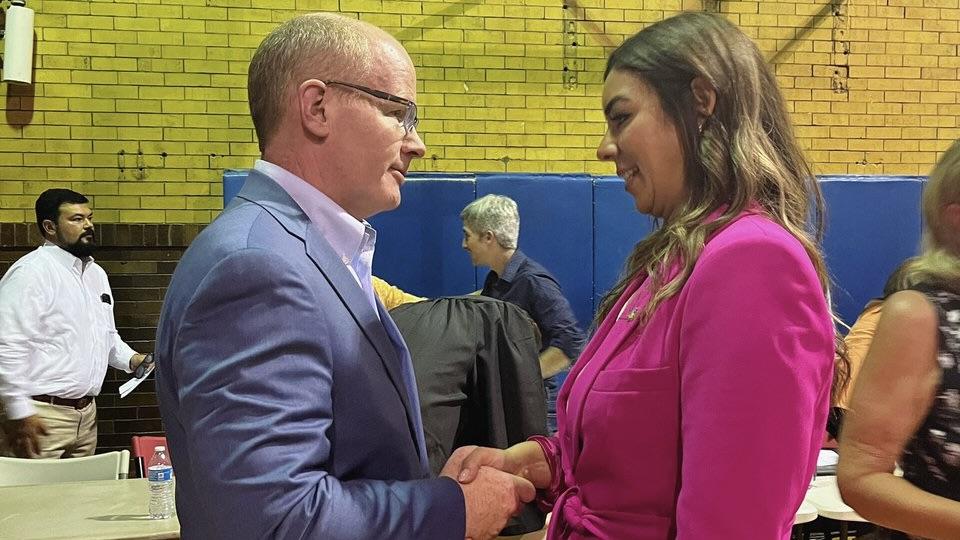 Illinois Senate President Don Harmon congratulates State Sen. Natalie Toro after her appointment as the representative of the 20th District. (Credit: Illinois Senate Democrats) 